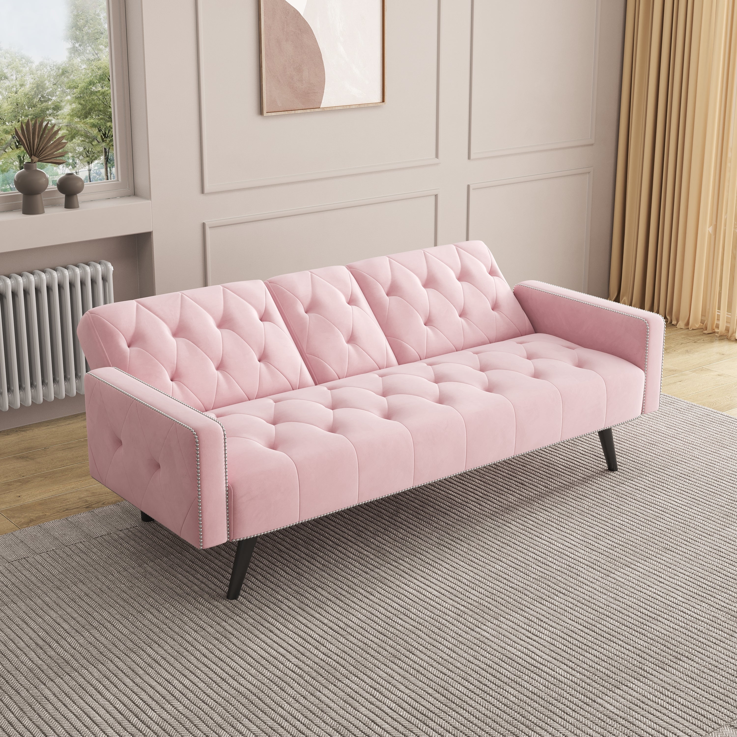 72" Pink Velvet Sofa Bed with Nail Head Trim & Two Cup Holders Sleeper Sofa for Small Living Room