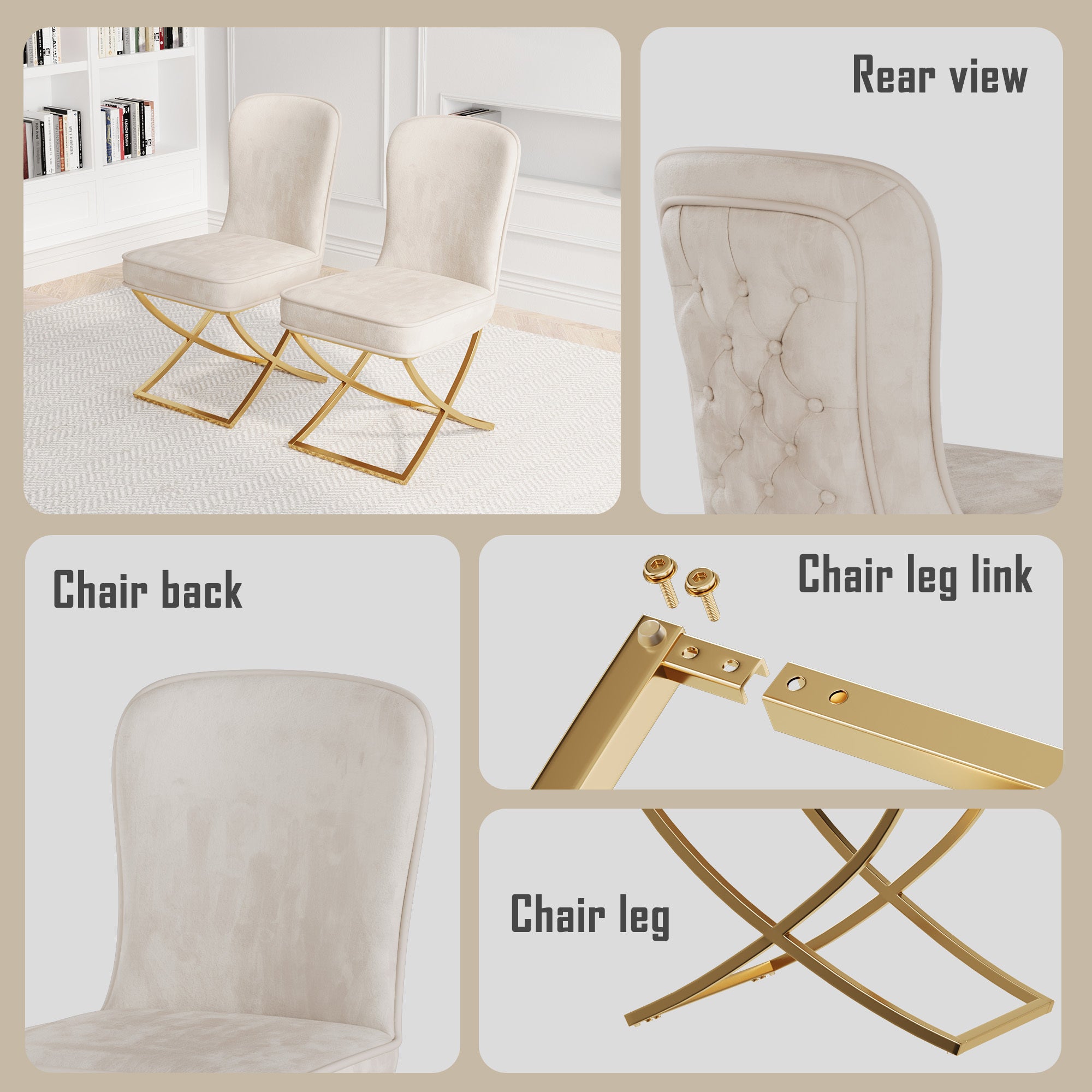 Dining Chair Set of 2, Beige velvet Backrest and golden Metal legs.For Modern Kitchen Dining Room Chair for Kitchen Living Modern decorative Leisure chairs.Office chairs