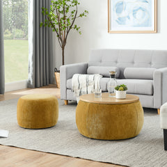 Round Storage Ottoman, 2 in 1 Function, Work as End table and Ottoman,with small seat,Dark yellow(25"x25"x14.7") ow