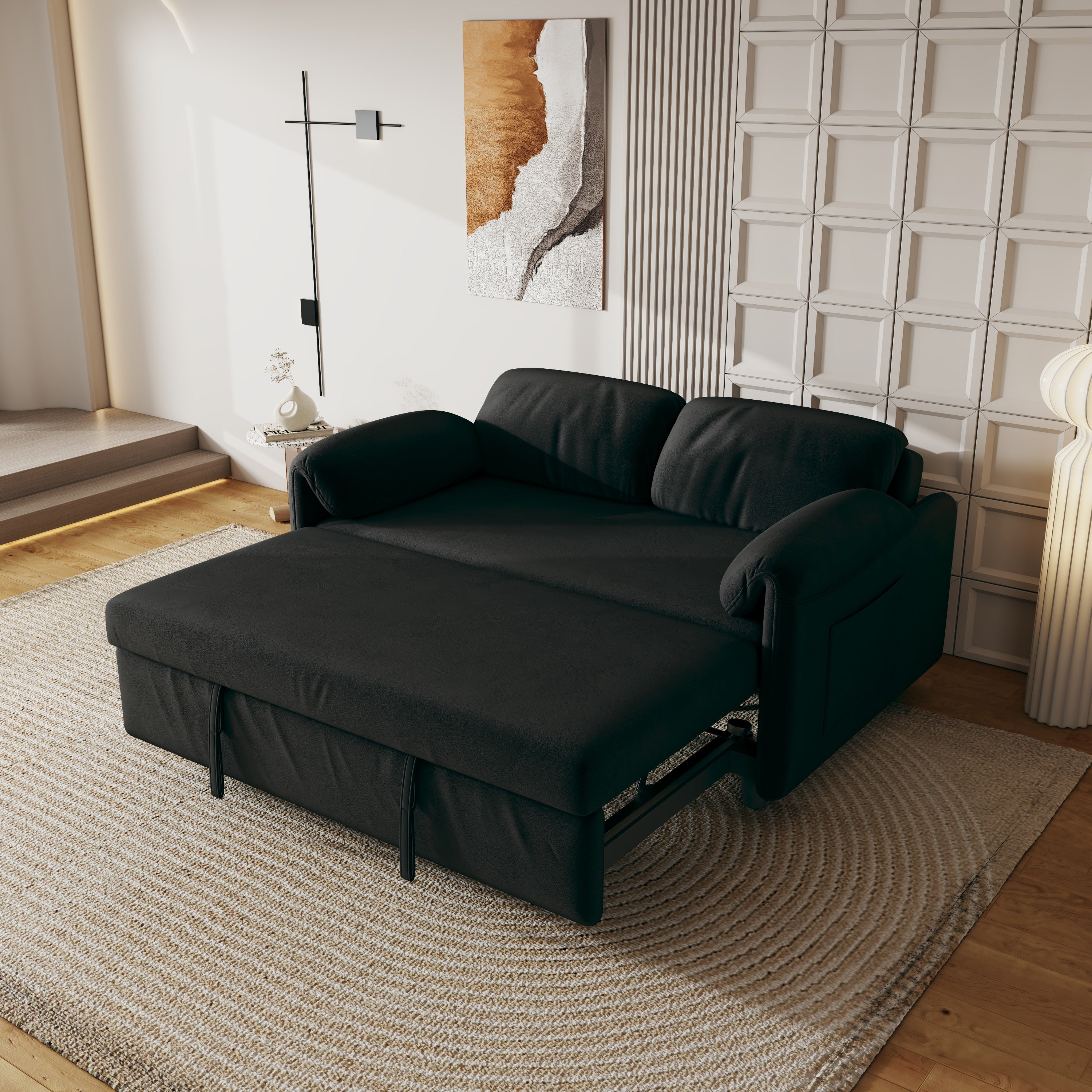 54" Black Velvet Sofa Bed - Modern Pull-Out Sofa for Small Living Room