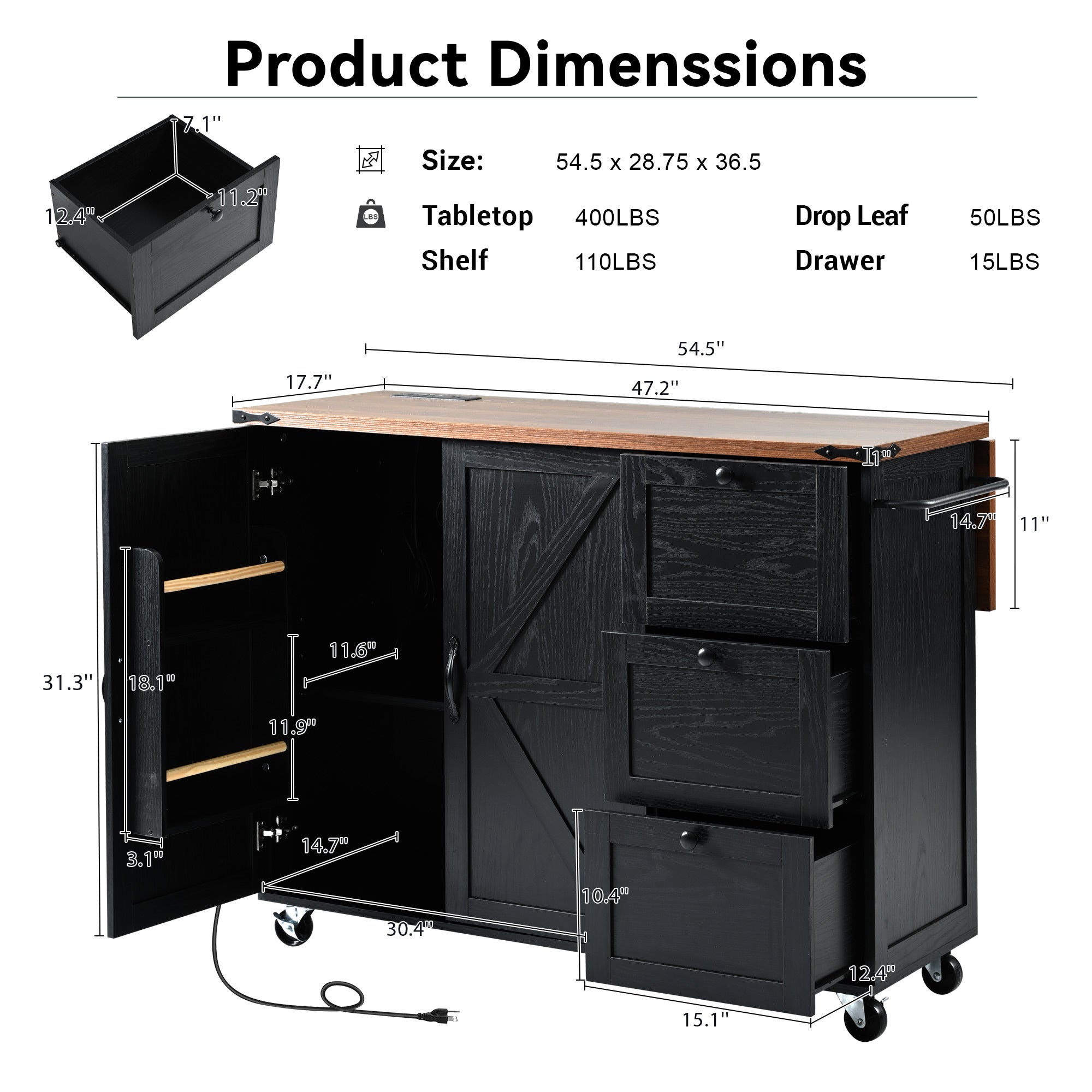 K&K 54.5" Kitchen Storage Island  with Internal Storage Rack, Drop Leaf, Spice Rack, Rolling Kitchen Cart on Wheels, Black