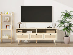 Rattan TV Stand with Solid Wood Feet, TV Console Table for Living Room, Natural