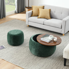 Round Storage Ottoman, 2 in 1 Function, Work as End table and Ottoman,with small seat,Green(25"x25"x14.7")