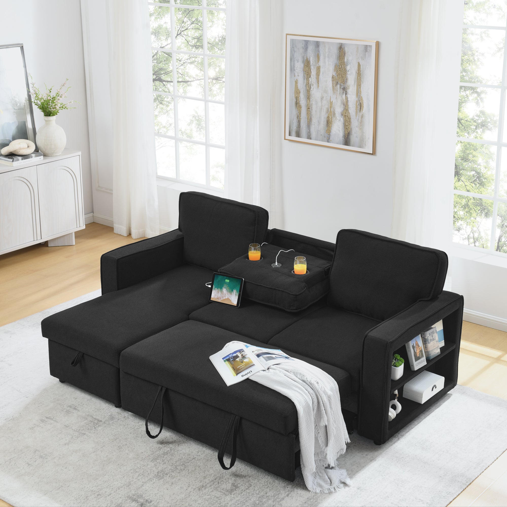 Linen Upholstered Sleeper Sectional Sofa, Shaped Modular Convertible Sofa with Storage Chaise,There are two cup holders in the middle and USB multi-interface function,Pull Out Sleep Couch Bed ,Black