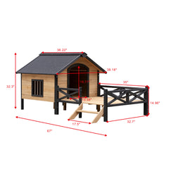 Large Wooden Dog Kennel with Porch, Outdoor Cabin House for Medium & Large Dogs