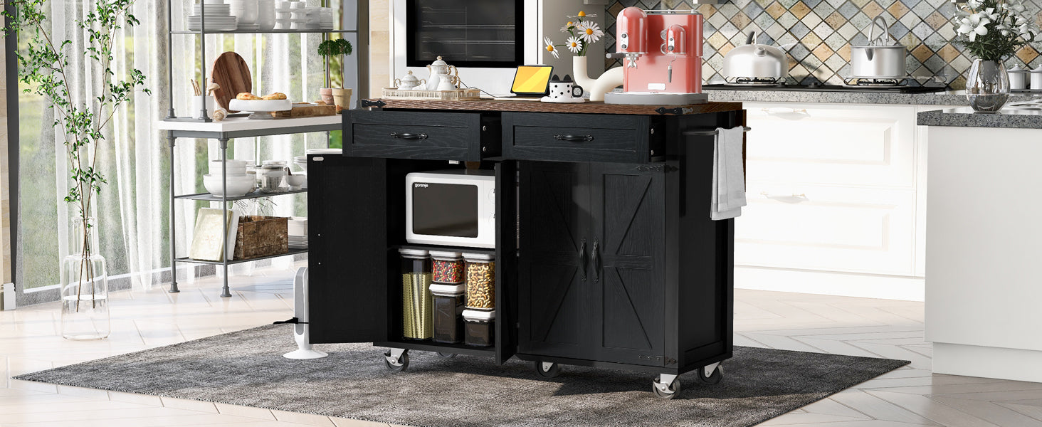 K&K 53.5''Farmhouse Kitchen Island with Drop Leaf, Spice Rack and Drawer, Rolling Kitchen Cart on Wheels, Black