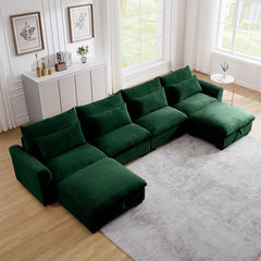 Big Deep Seat U-Shaped Corduroy Sectional Couches for Living Room, 4 Seater Sofa Couch with 2 Storage Footstool and 4 Waist Pillows (Corduroy, Green)