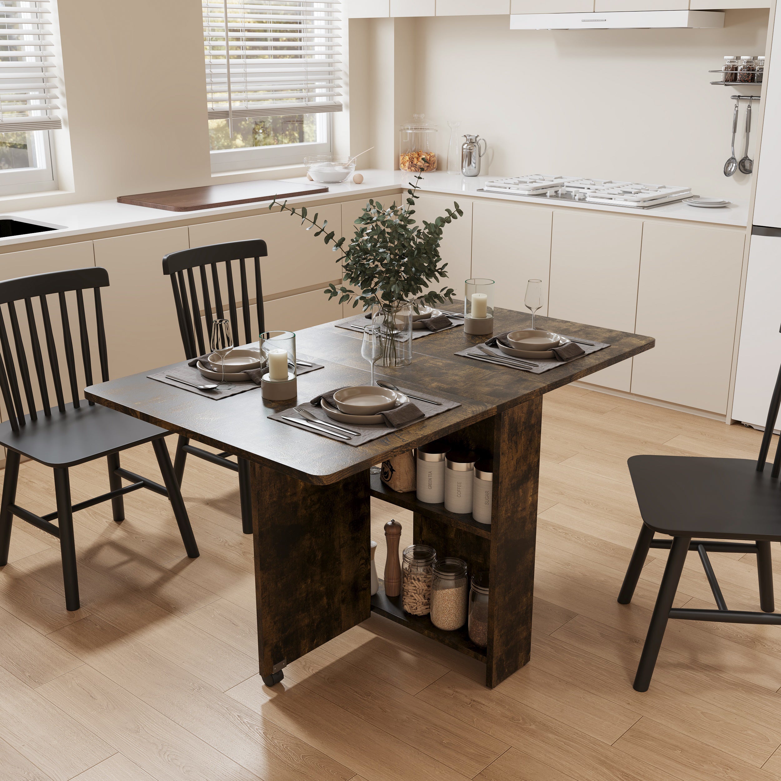51.2" Convertible Brown Dining Table Cabinet with Wheels Perfect Foldable Table Design for Small Living room