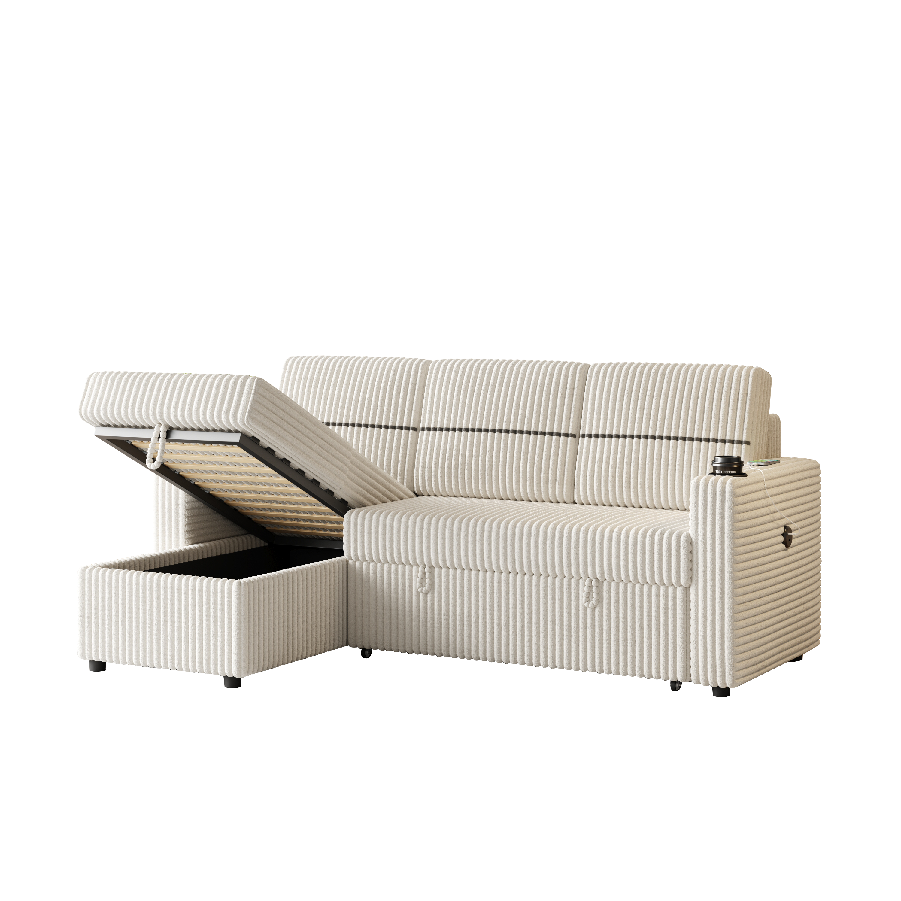 85 Inches Corduroy Sofa Bed, 3 Seater Sleeper Sofa with Storage Chaise, Square Handrail With Two Cup-holder And USB Charge Port, Pull Out Couch for Living Room