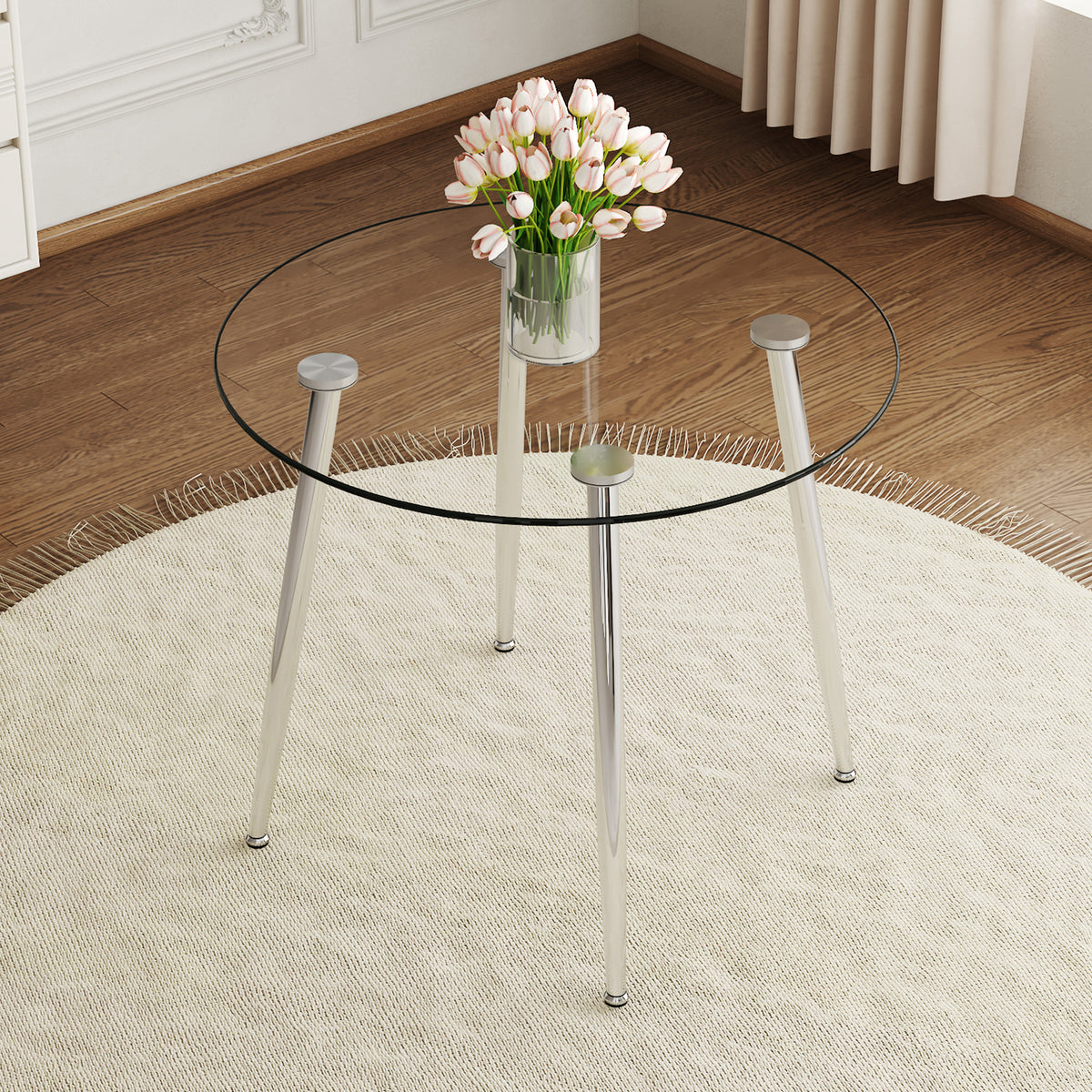 Elegant Round Glass Top Dining Table with Silver Metal Legs -  Perfect for Your Dining Room