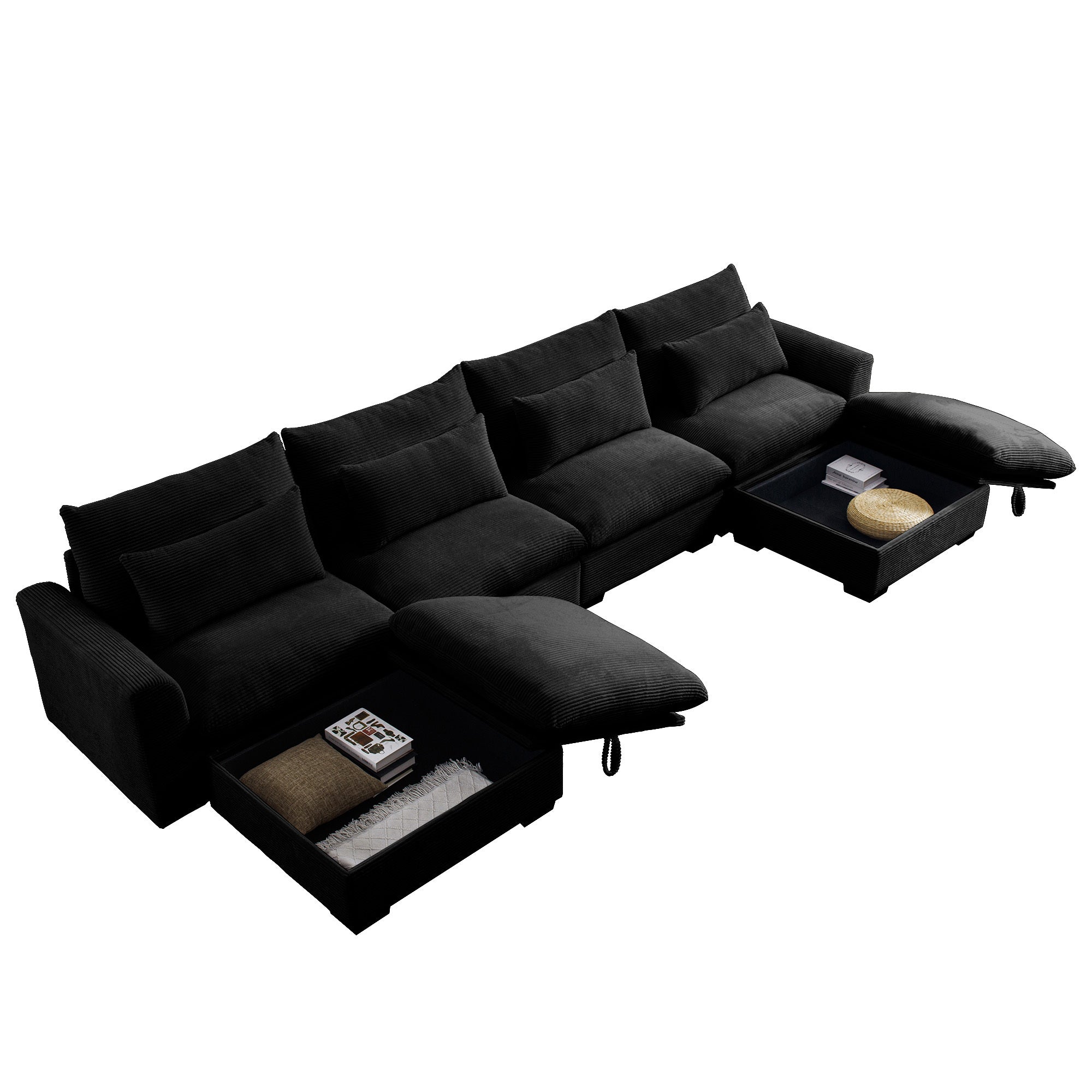 Big Deep Seat U-Shaped Corduroy Sectional Couches for Living Room, 4 Seater Sofa Couch with 2 Storage Footstool and 4 Waist Pillows (Corduroy, Black)