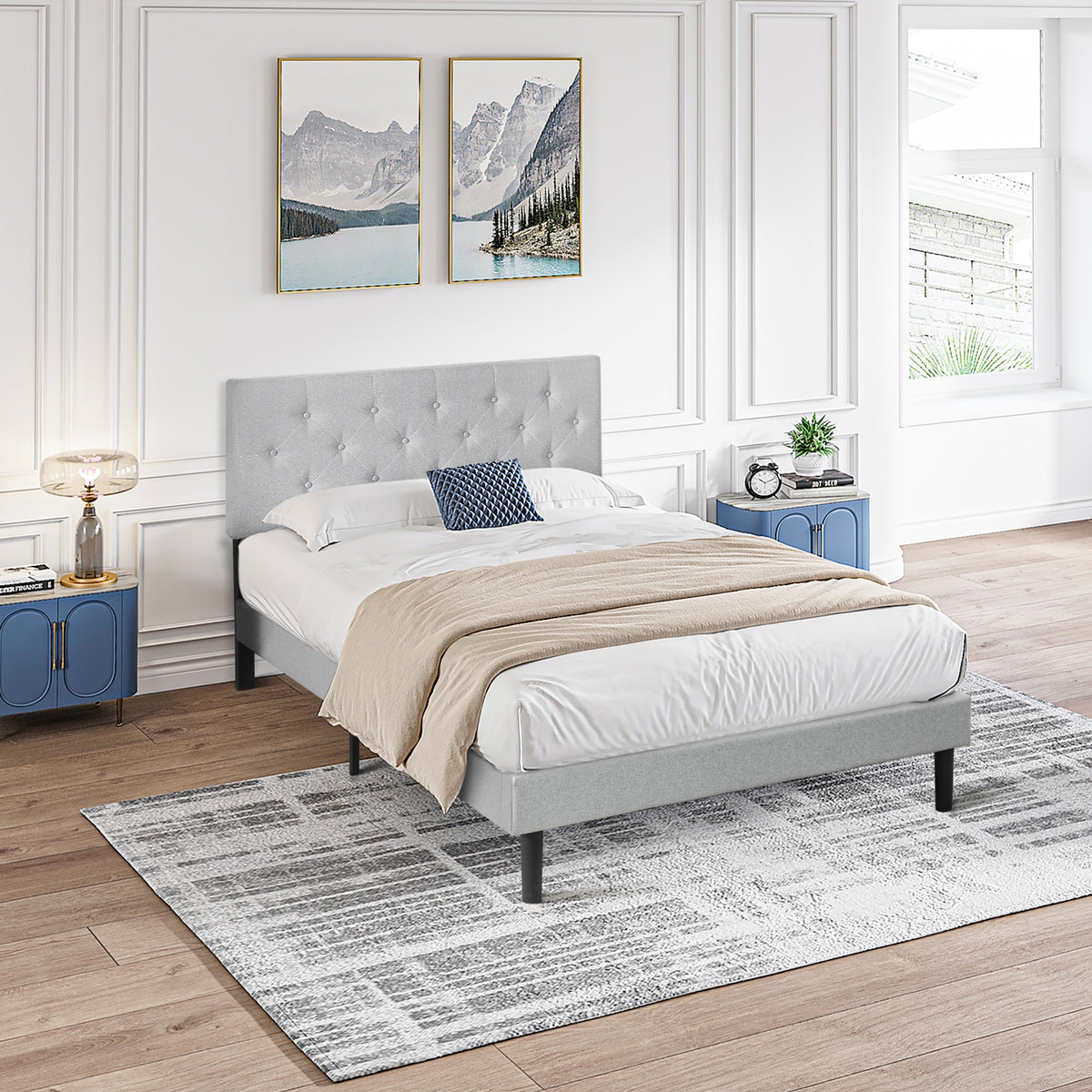 Queen Size Upholstered Platform Bed Frame with Modern Button Tufted Linen Fabric Headboard, No Box Spring Needed, Wood Slat Support, Easy Assembly, Grey