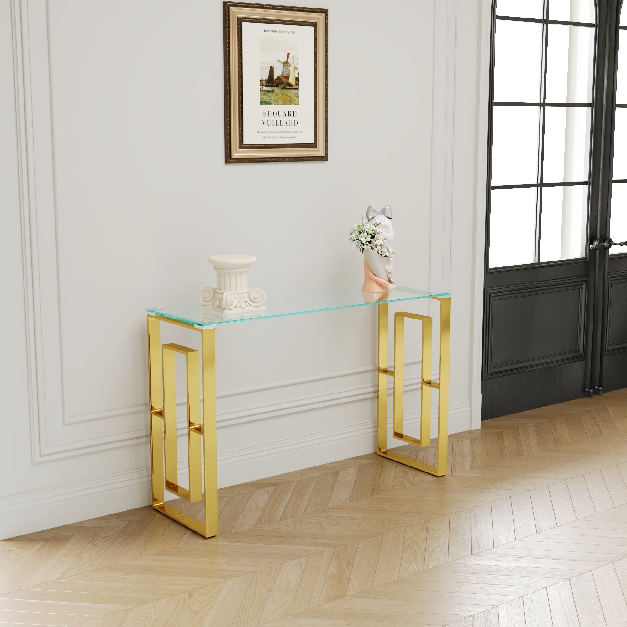 Console Table Stainless Steel Glass,Meal side table Golden Clear