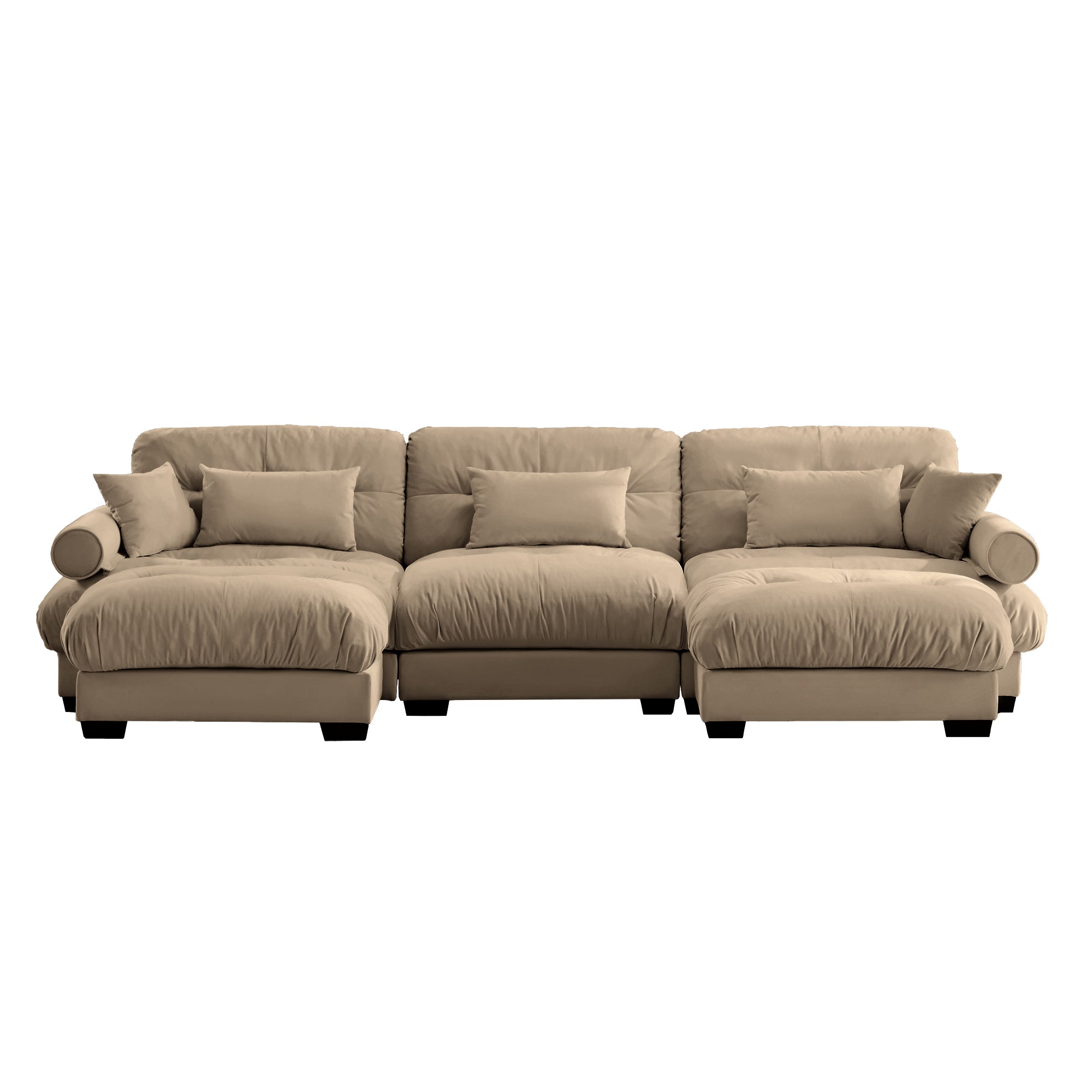 U-Shaped Modular Sectional Sofa with Movable Ottomans, Modern 3-Seater Corner Couch with Pillows and Bolstered Armrests, Camel