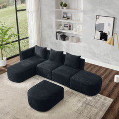 L Shape Sectional Sofa including Two Single Seats, Left Side Chaise and Two Ottomans, Modular Sofa, DIY Combination, Loop Yarn Fabric, Black