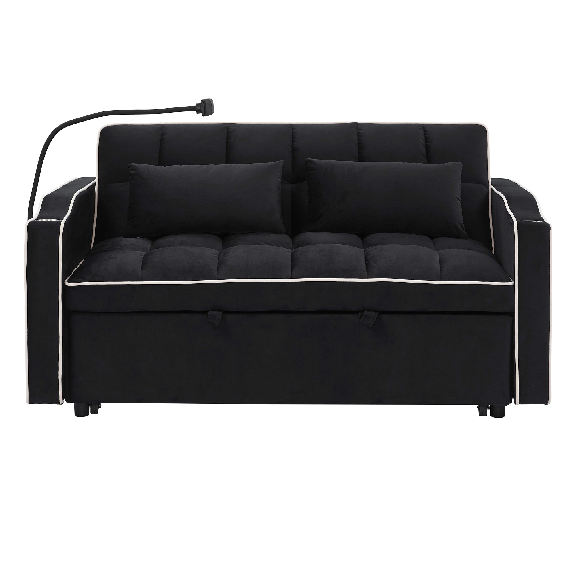 55.51" Foldable Velvet Sofa Bed with Adjustable Back, Pull-Out Design with USB Port, Ashtray, and Swivel Phone Stand, Black