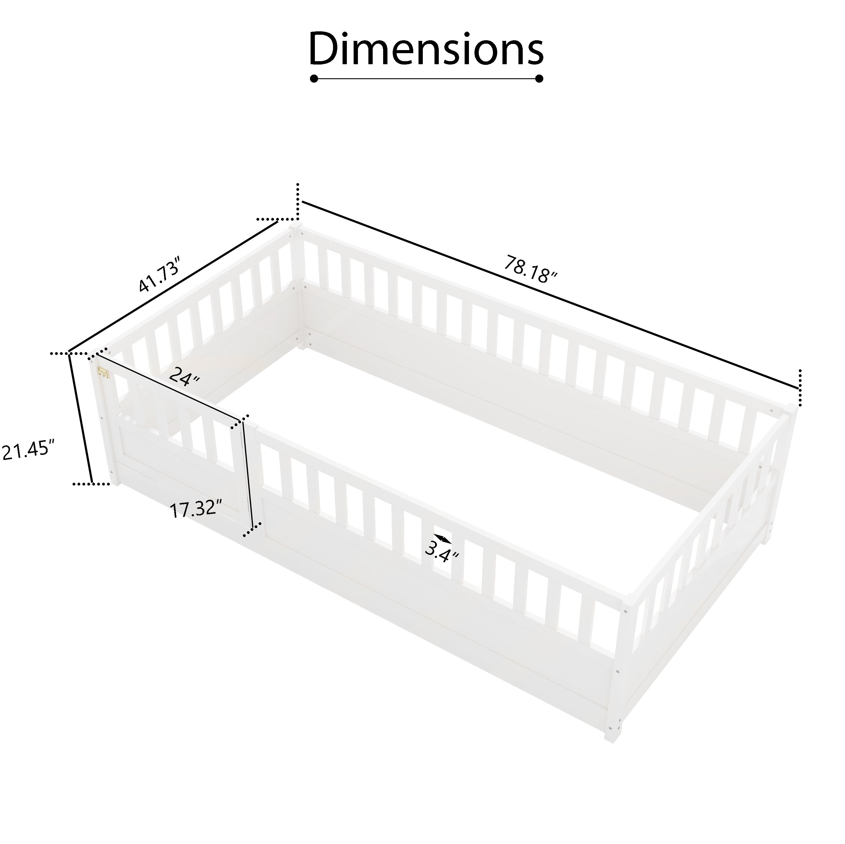 Twin Size Floor bed, integral construction with super high security barrier, door, children's floor bed frame, Montessori wooden children's floor bed, white