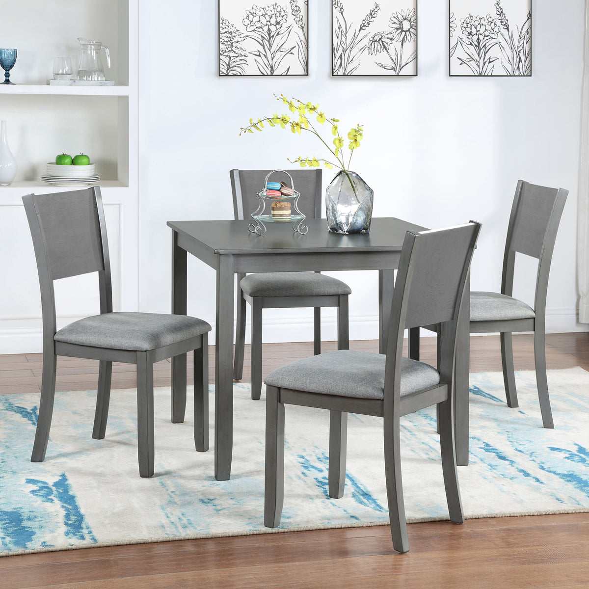 5 Piece Modern Dining Set, Square Wooden Dining Table with 4 Upholstered Chairs for Kitchen, Dining Room, Gray