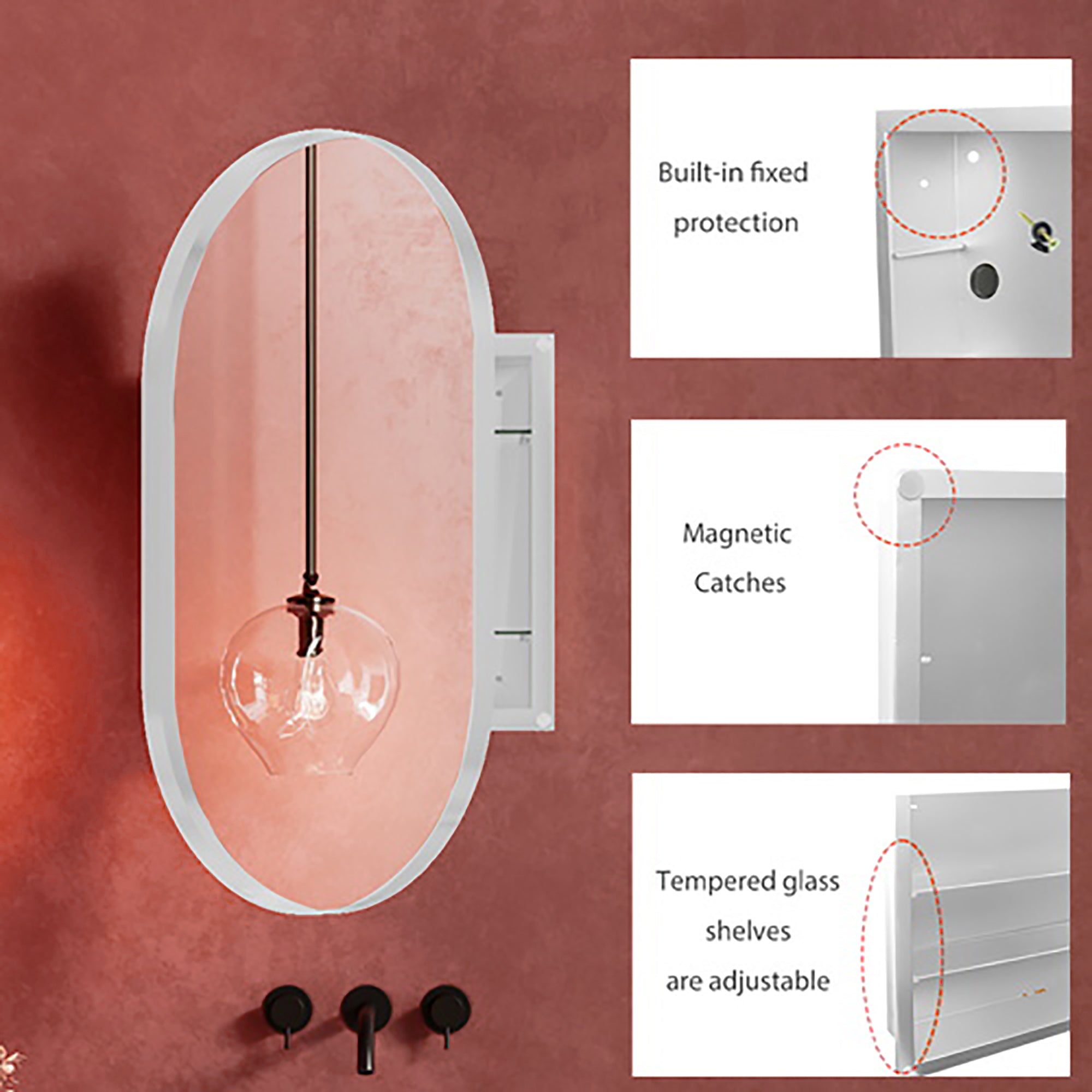 20x34 Inch Oval Recessed Medicine Cabinet, Metal Framed Bathroom Wall Cabinet with Mirror and Adjustable Shelves, Wall Mirror with Storage for Bathroom, White