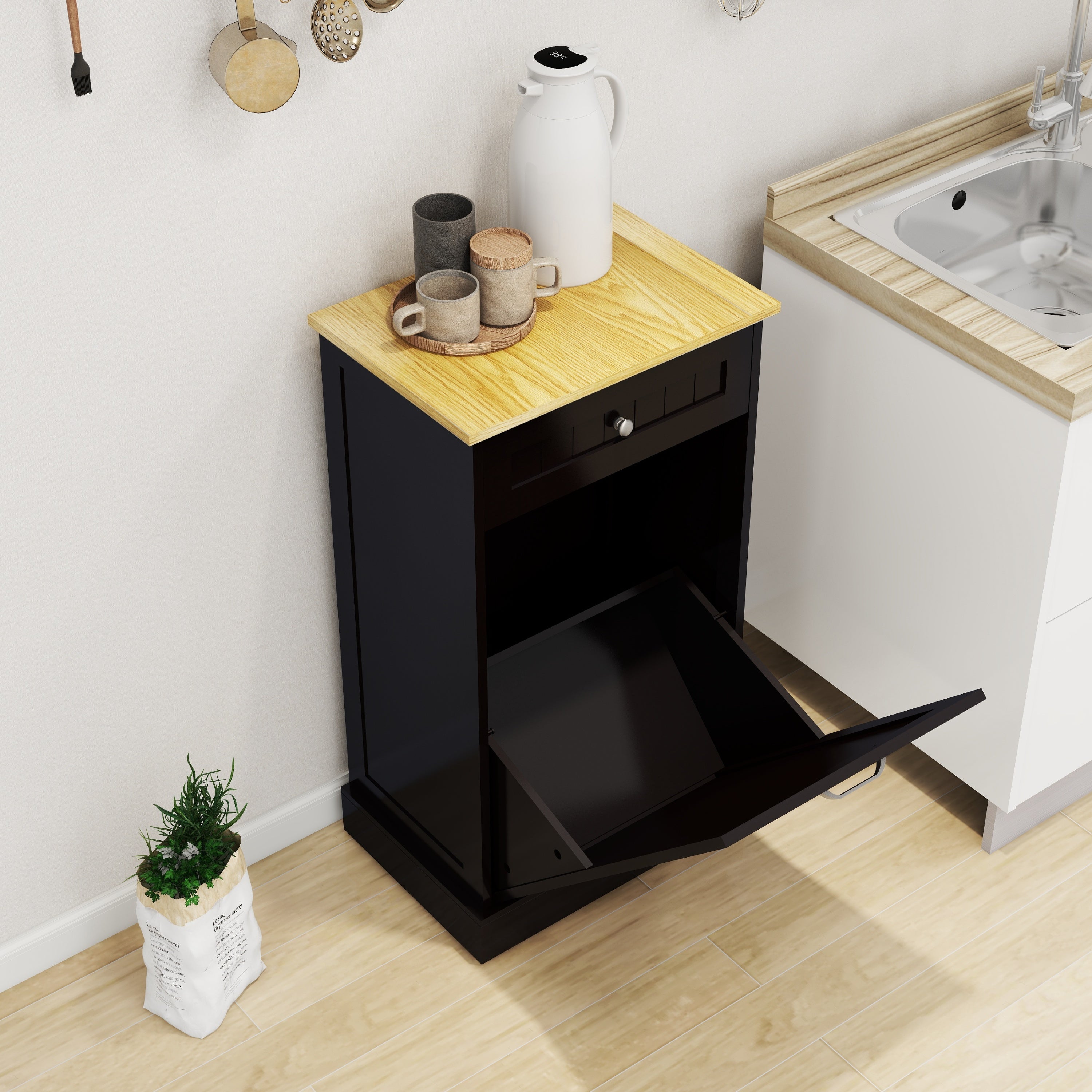 One Drawers and One-Compartment Tilt-Out Trash Cabinet Kitchen Trash Cabinet-Black