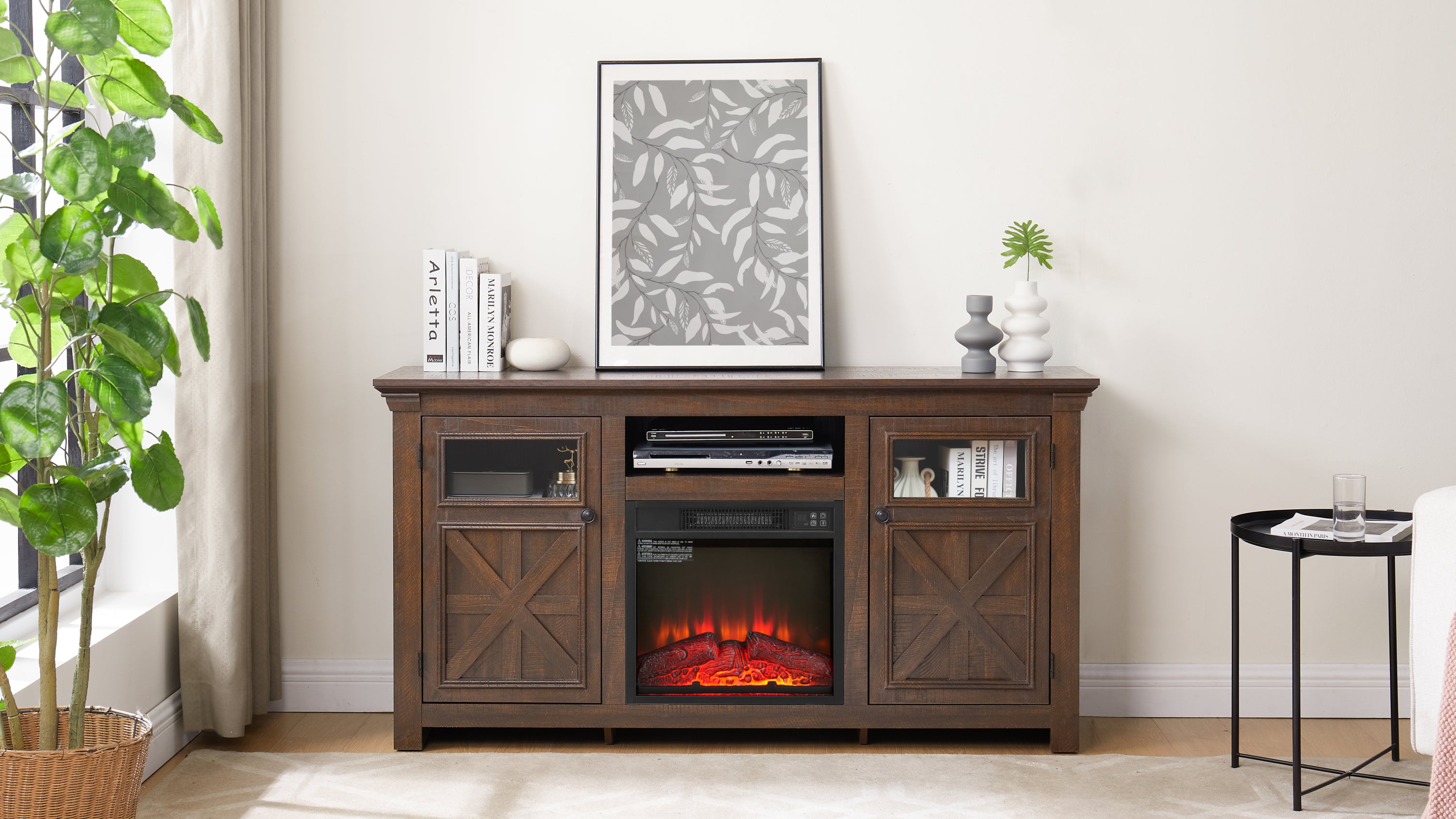 Farmhouse TV Stand with 2 Doors, Barn Design, Large Media Console with 18" Electric Fireplace Insert, Dark Brown