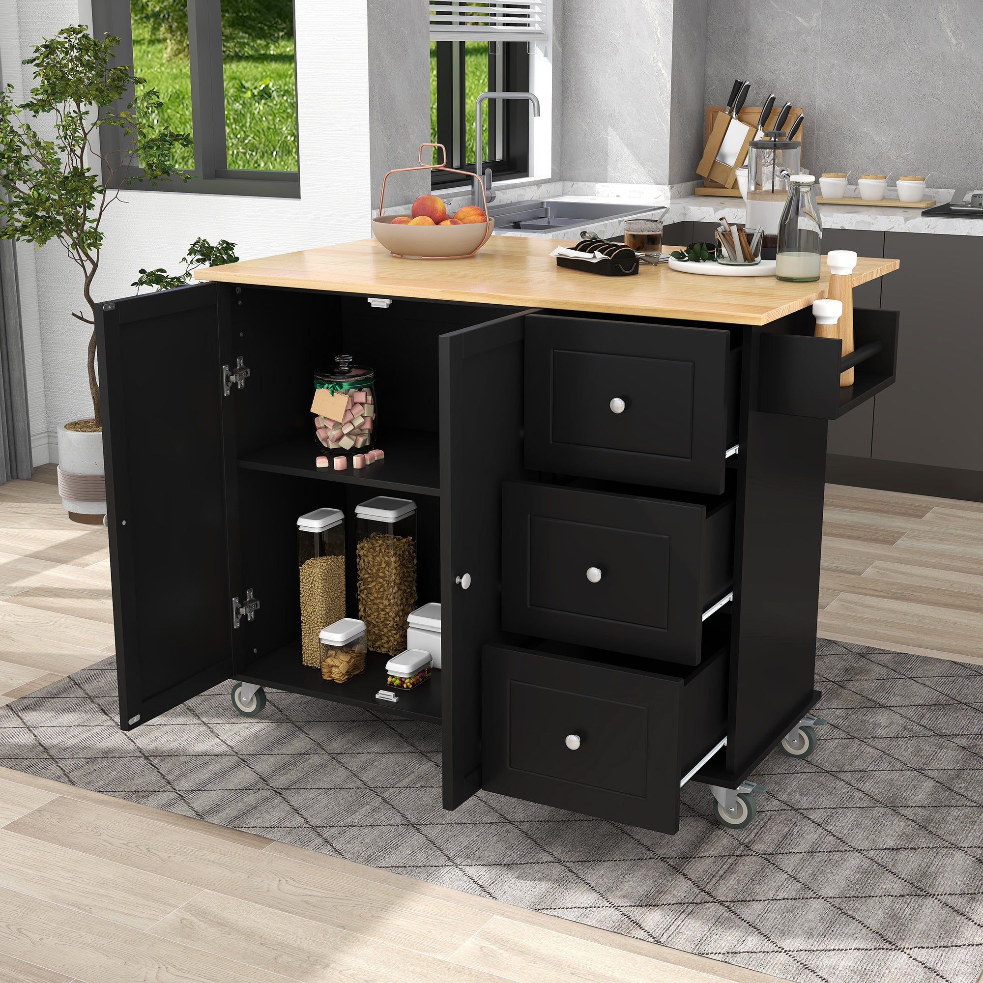 Black Rolling Mobile Kitchen Island with Solid Wood Top and Locking Wheels,52.7" Width with Storage Cabinet and Drop Leaf