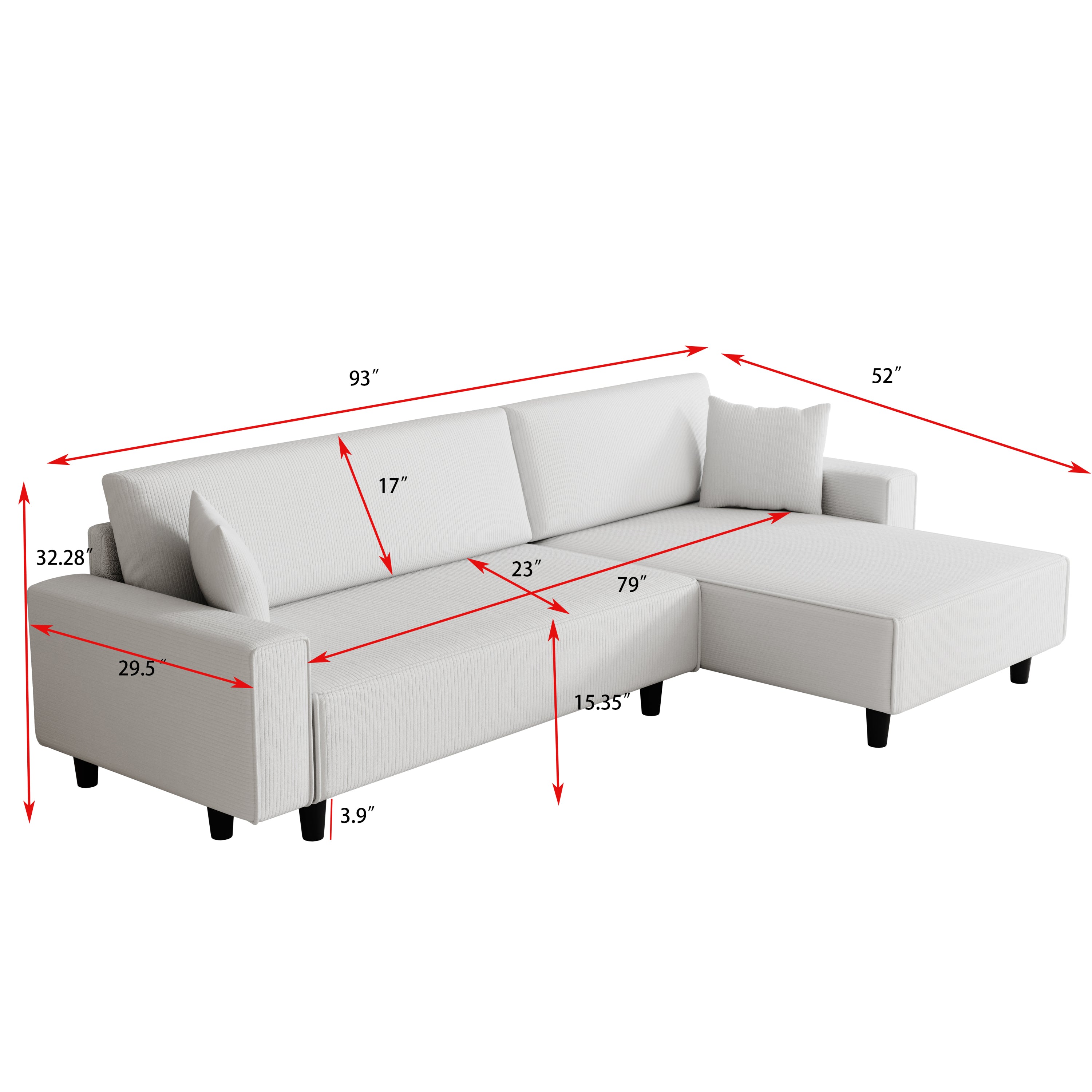 93" Beige Corduroy Sofa Bed with Two Pillows - Sectional L-Shaped Sofa with Storage for Living Room