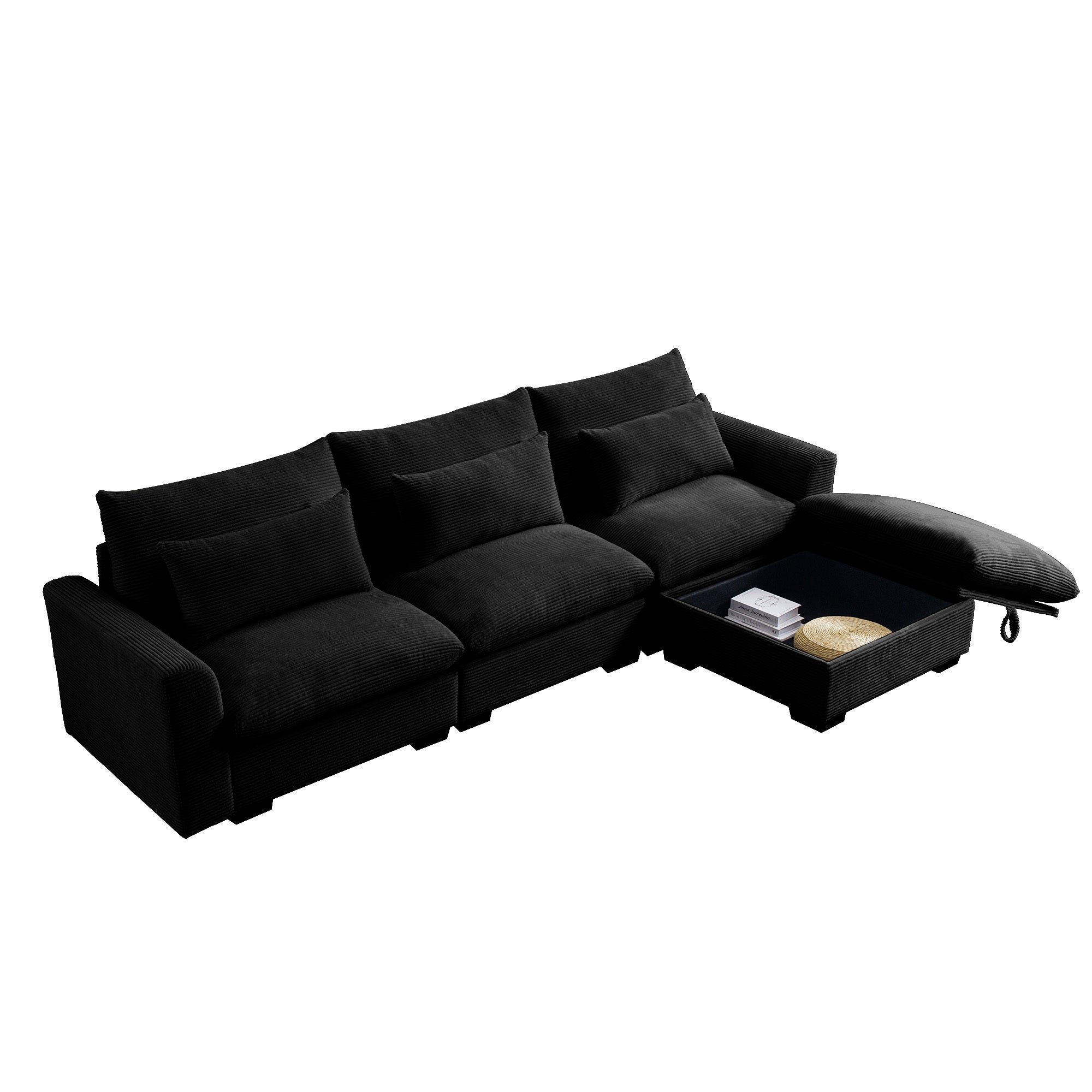 Corduroy Sectional Sofa,  L Shaped Couch with Storage Footstool and 3 Pillow, Sectional Couch for Living Room Apartment, Black