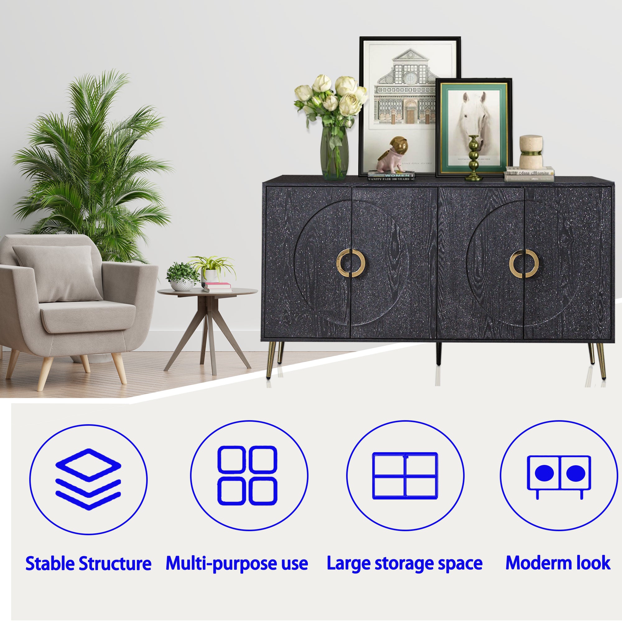 Modern Lacquered 4 Door Wooden Cabinet Sideboard Buffet Server Cabinet Storage Cabinet, for Living Room, Entryway, Hallway, Office, Kitchen and Dining Room, Distressed Black