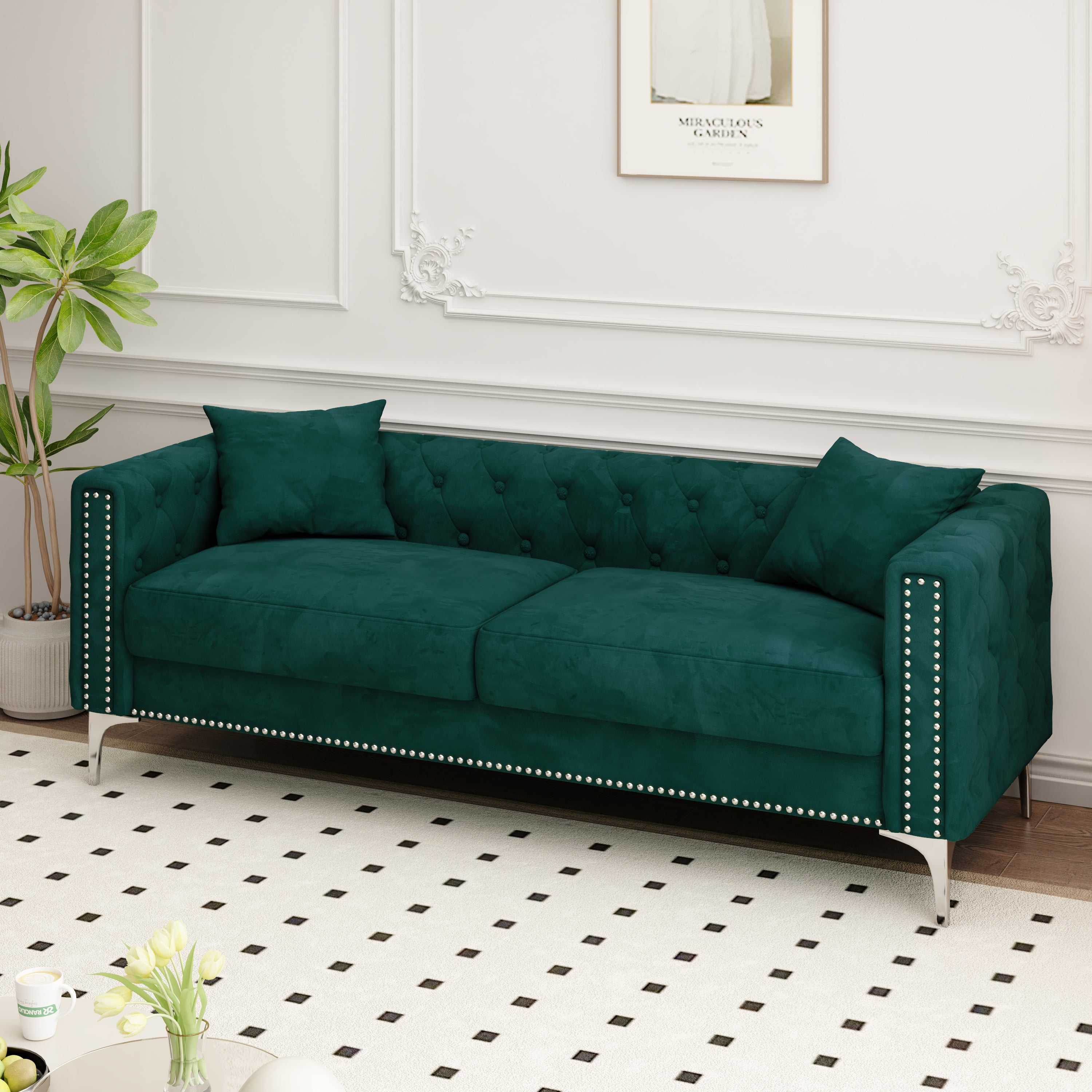 83" Green Velvet 3-Seater Sofa with 2 Comfy Pillows - Perfect Design for Living Room