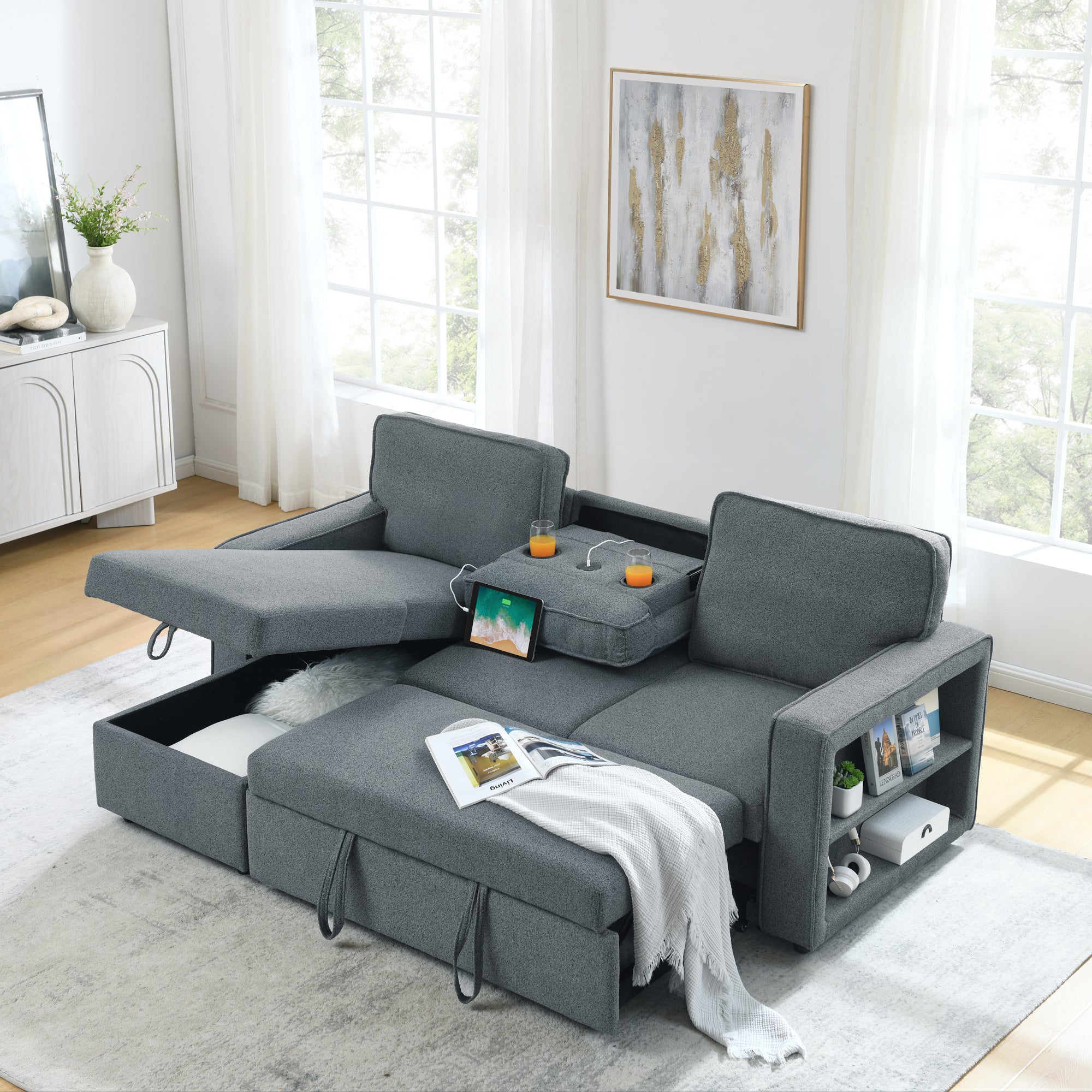 Linen Upholstered Sleeper Sectional Sofa, Shaped Modular Convertible Sofa with Storage Chaise,There are two cup holders in the middle and USB multi-interface function,Pull Out Sleep Couch Bed ,Grey