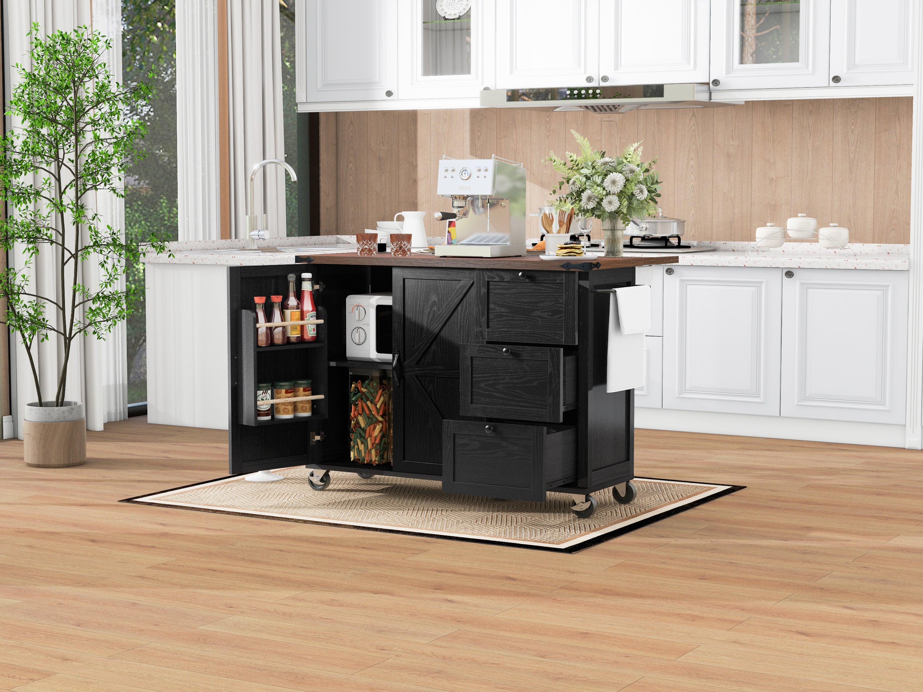 K&K 54.5" Kitchen Storage Island  with Internal Storage Rack, Drop Leaf, Spice Rack, Rolling Kitchen Cart on Wheels, Black