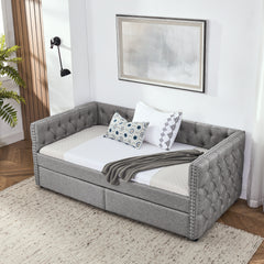 Upholstered Twin Size Daybed with Two Drawers, with Button and Copper Nail on Square Arms, Grey (82.75''x43''x30.75'')