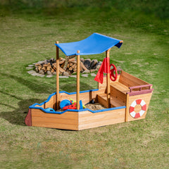 Wooden Pirate Ship Sandbox with Cover & Storage Bench for Kids