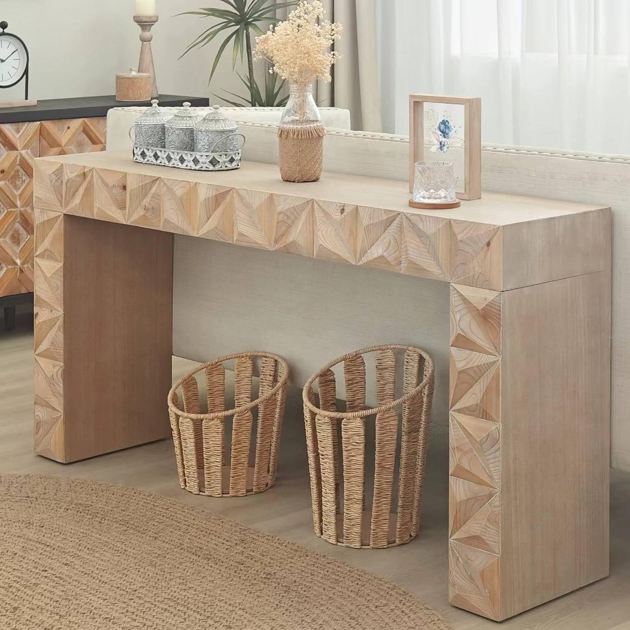 Modern Geometric Wooden Console Table – Natural Wood Finish with Handcrafted 3D Design