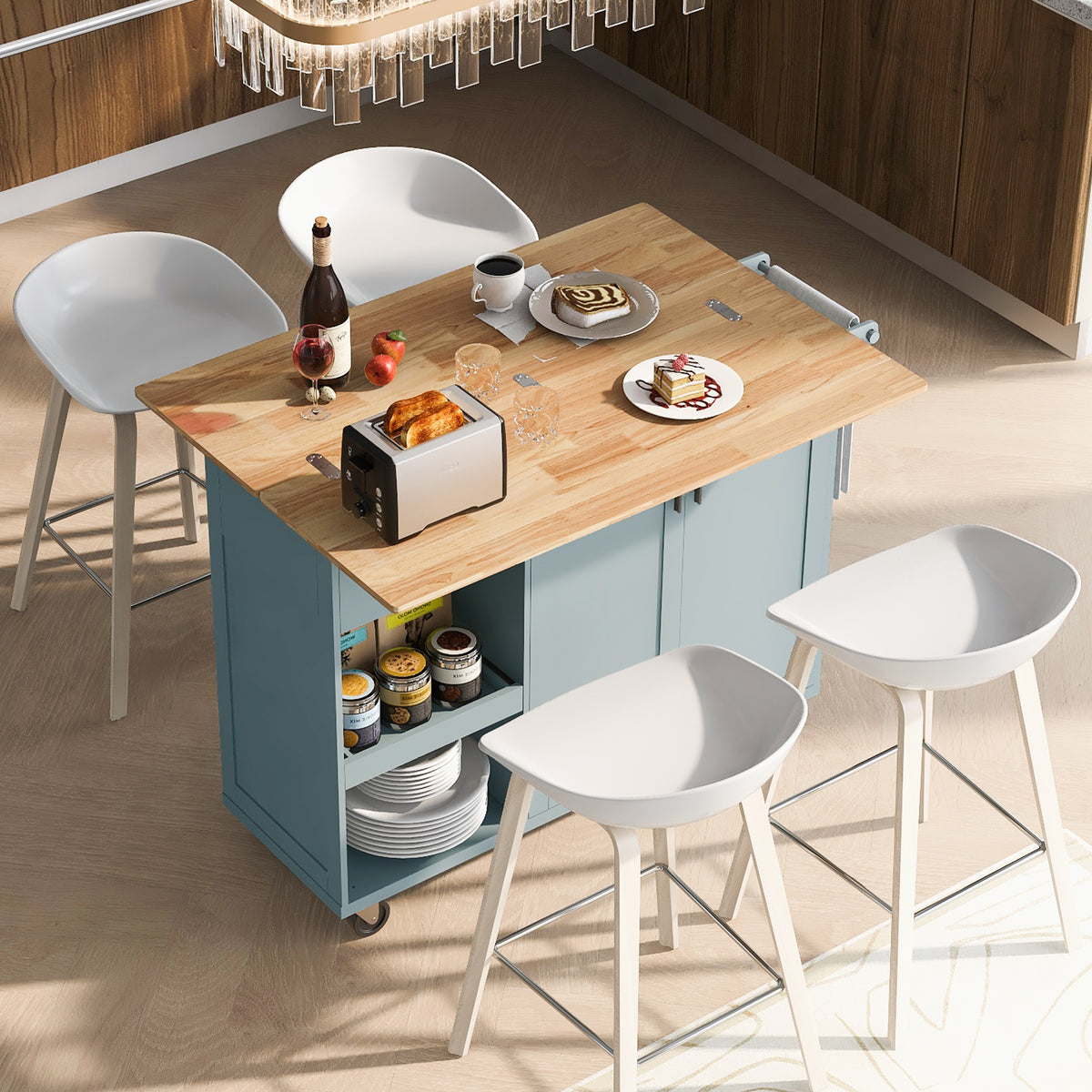 K&K Kitchen Island with Foldable Counter Top for Kitchen, Living Room, Dining Room, Grey Blue