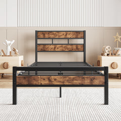Twin Platform Bed Frame, Rustic Wood Headboard, No Box Spring