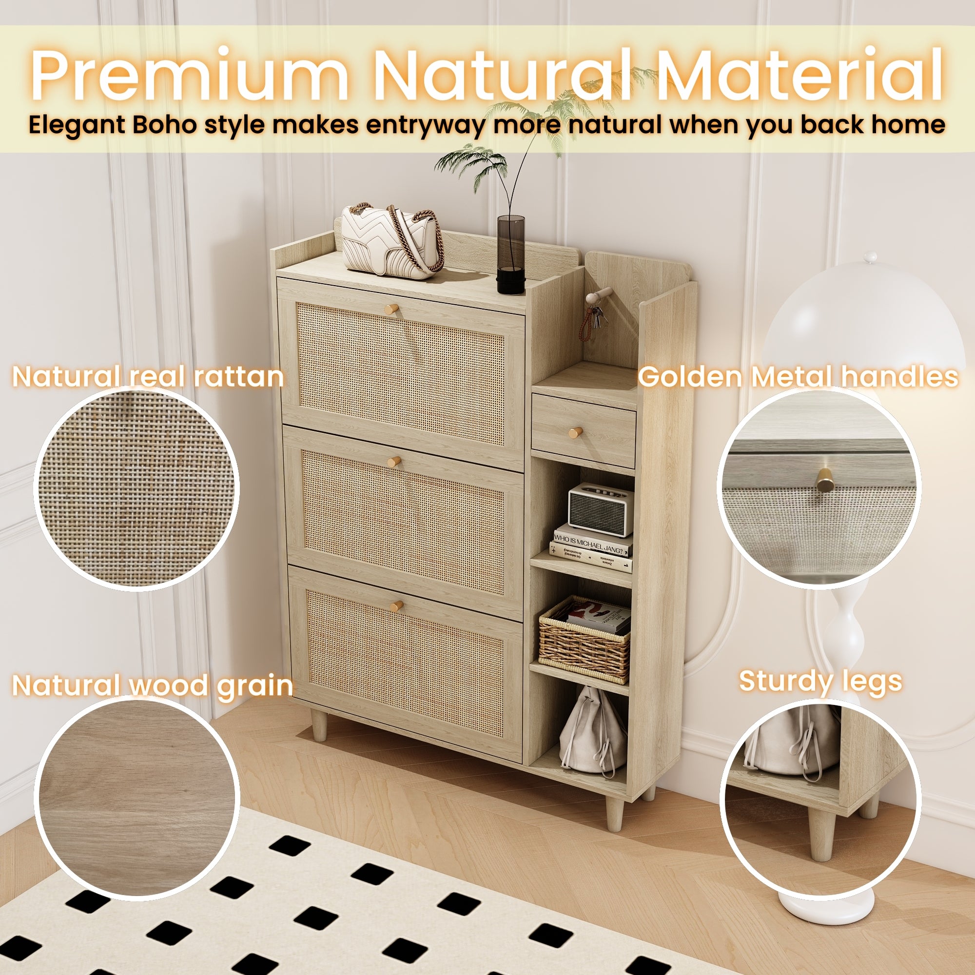 Boho Shoe Cabinet with 3 Rattan Flip Drawers & Storage, Natural