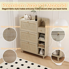 Boho Shoe Cabinet with 3 Rattan Flip Drawers & Storage, Natural
