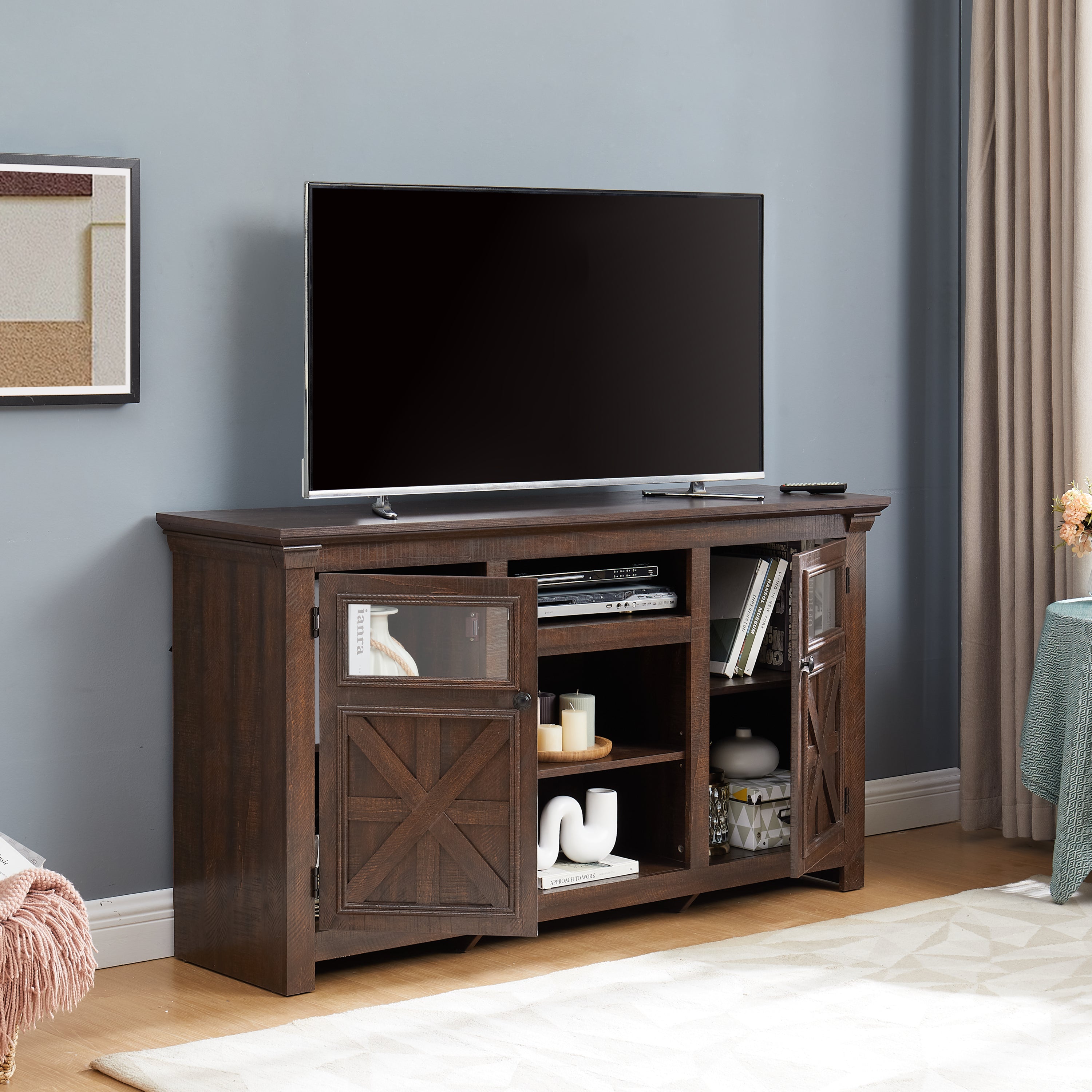 2 Doors Cabinet TV Stand with Large Barn Inspired Home Entertainment Console,Espresso