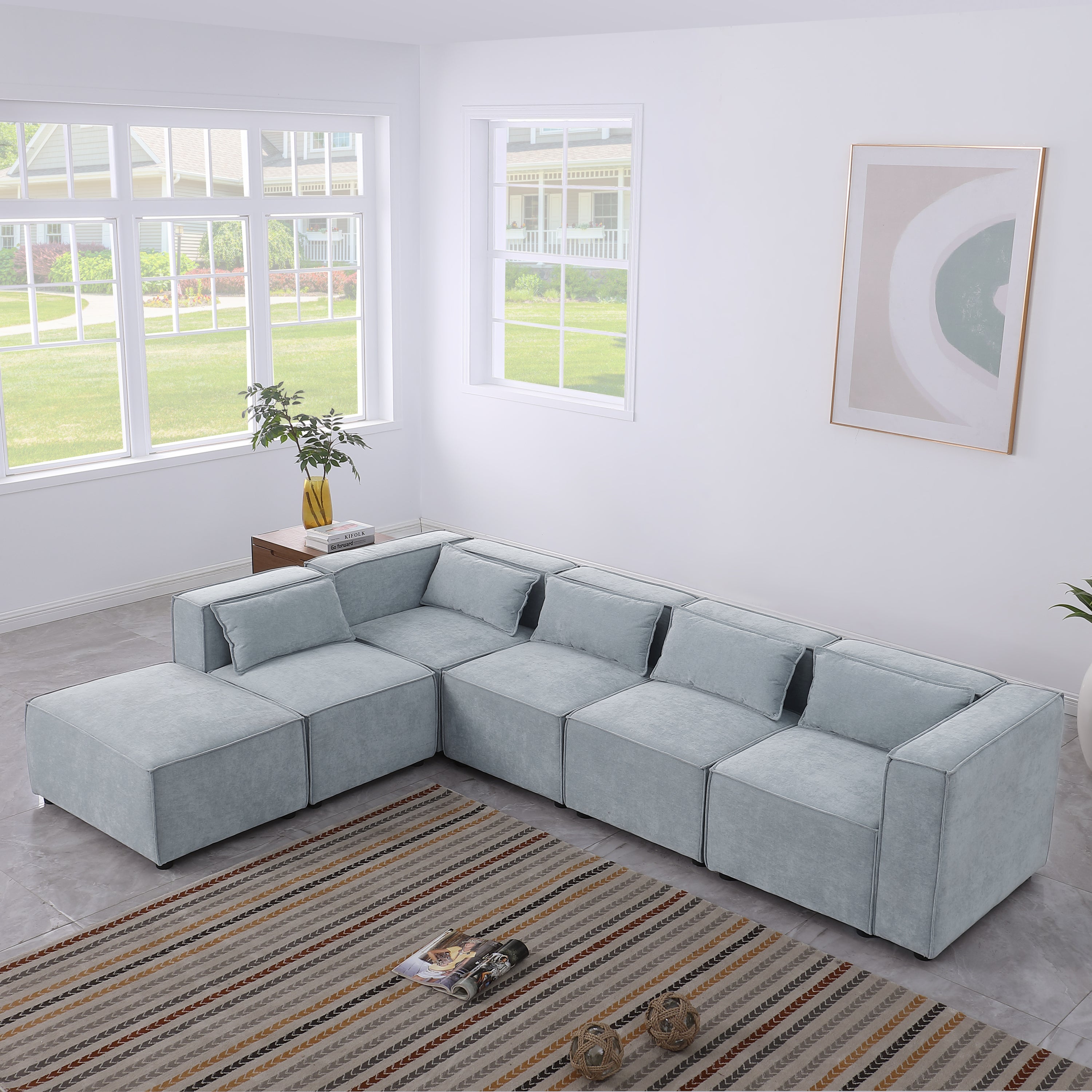 modular sofa Grayish blue  chenille fabric,  simple and grand, the seat and back is very soft. this is also a KNOCK DOWN sofa