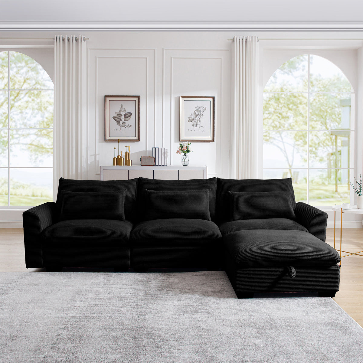 Corduroy Sectional Sofa,  L Shaped Couch with Storage Footstool and 3 Pillow, Sectional Couch for Living Room Apartment, Black