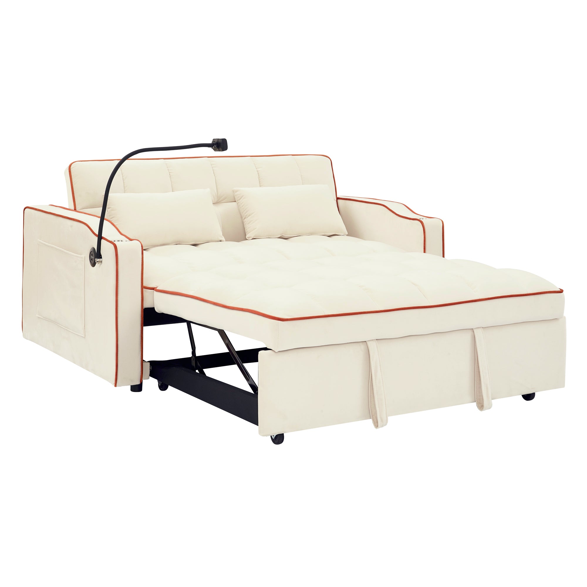 55.51" Foldable Velvet Sofa Bed with Adjustable Back, Pull-Out Design with USB Port, Ashtray, and Swivel Phone Stand, Beige