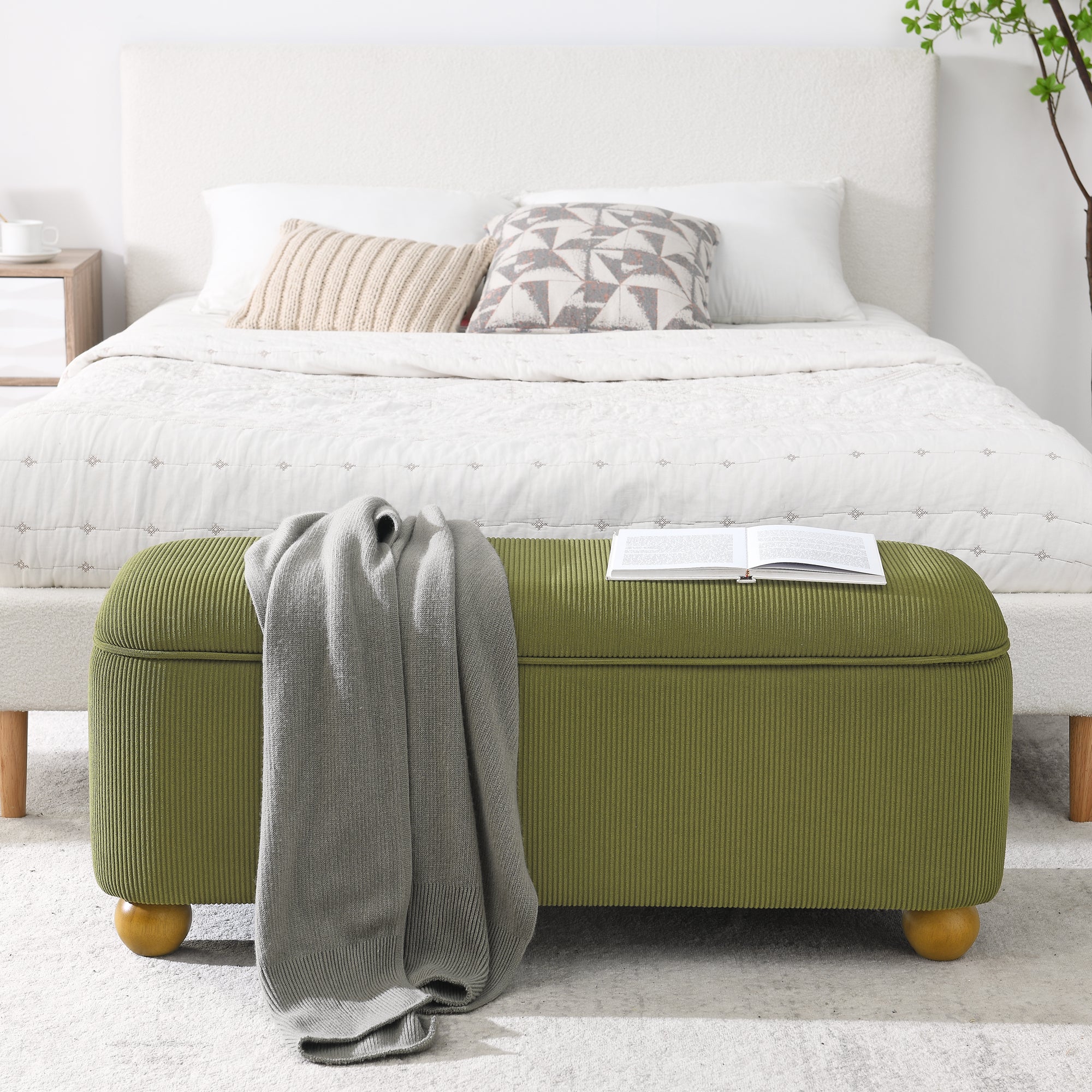 Flannelette Fabric Storage Ottoman bench, cushioned bed end Ottoman bench with storage and seat, suitable for bedrooms, living rooms, and entrance passages-GREEN(41.73"*15.55"*17.71")