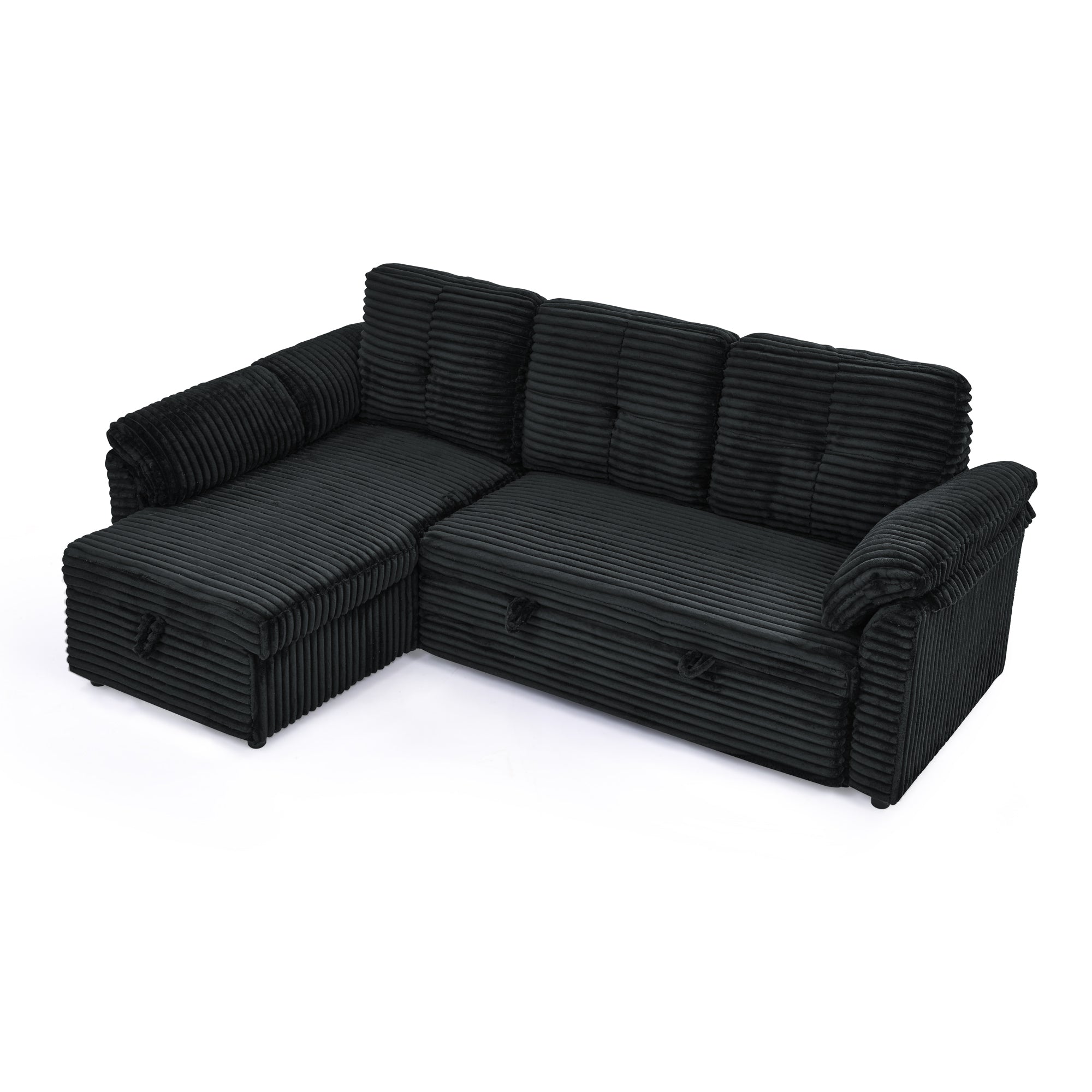 Corduroy Tufted Upholstered Sleeper Sectional Sofa, L-Shaped Modular Convertible Sofa with Reversible Storage Chaise, Pull Out Sleep Couch Bed and Reclining Backrest Perfect for Living Space, Black