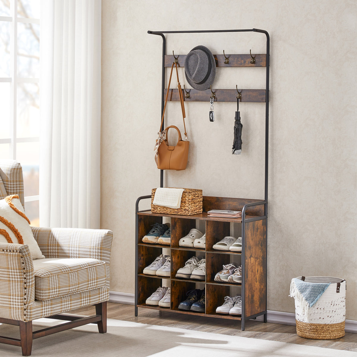 Hall Tree with Shoe Rack, 3-in-1 Entryway Coat Rack with Hooks