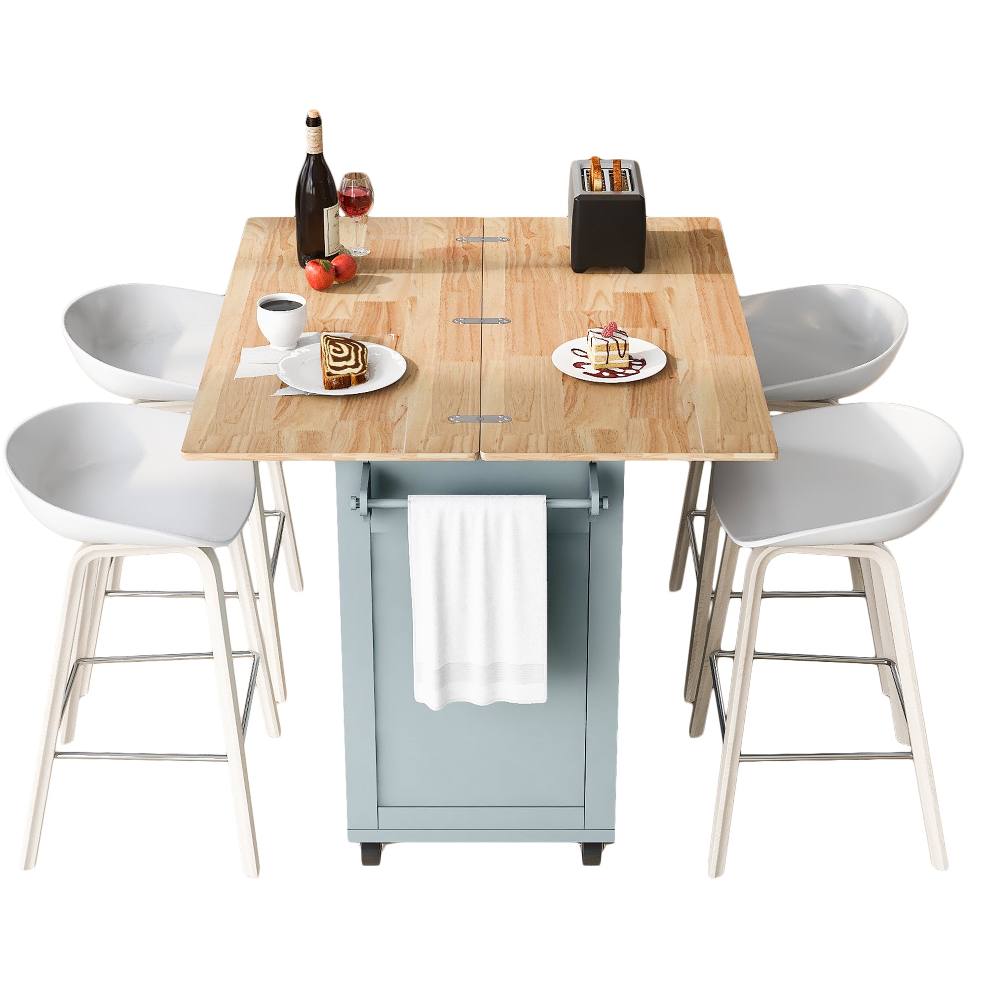 K&K Kitchen Island with Foldable Counter Top for Kitchen, Living Room, Dining Room, Grey Blue