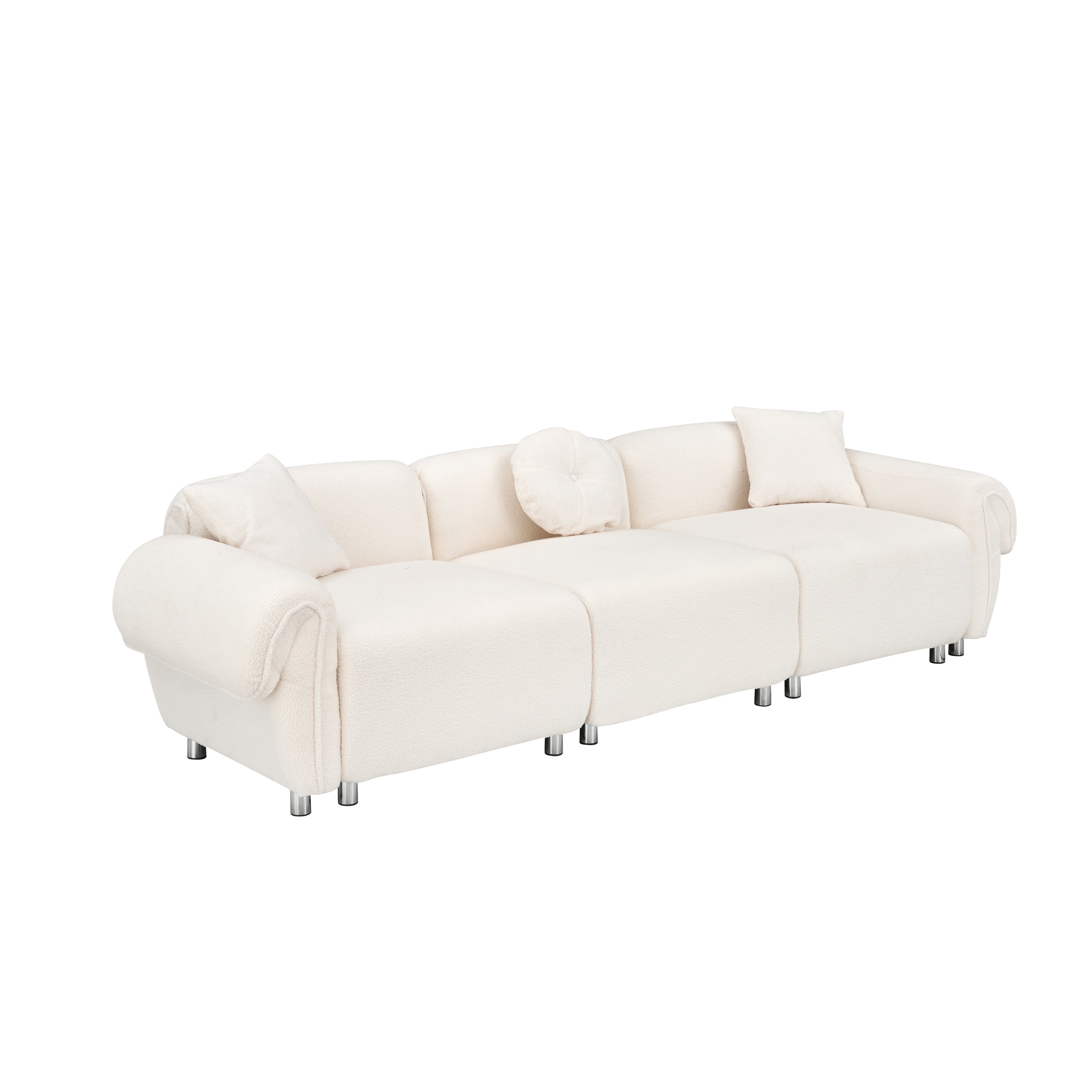 112 inch beige teddy velvet fabric, with 3 pillows, three sofa can be placed in the living room and other scenes Beige teddy velvet fabric, with 3 pillows, three sofa can be placed in the living room