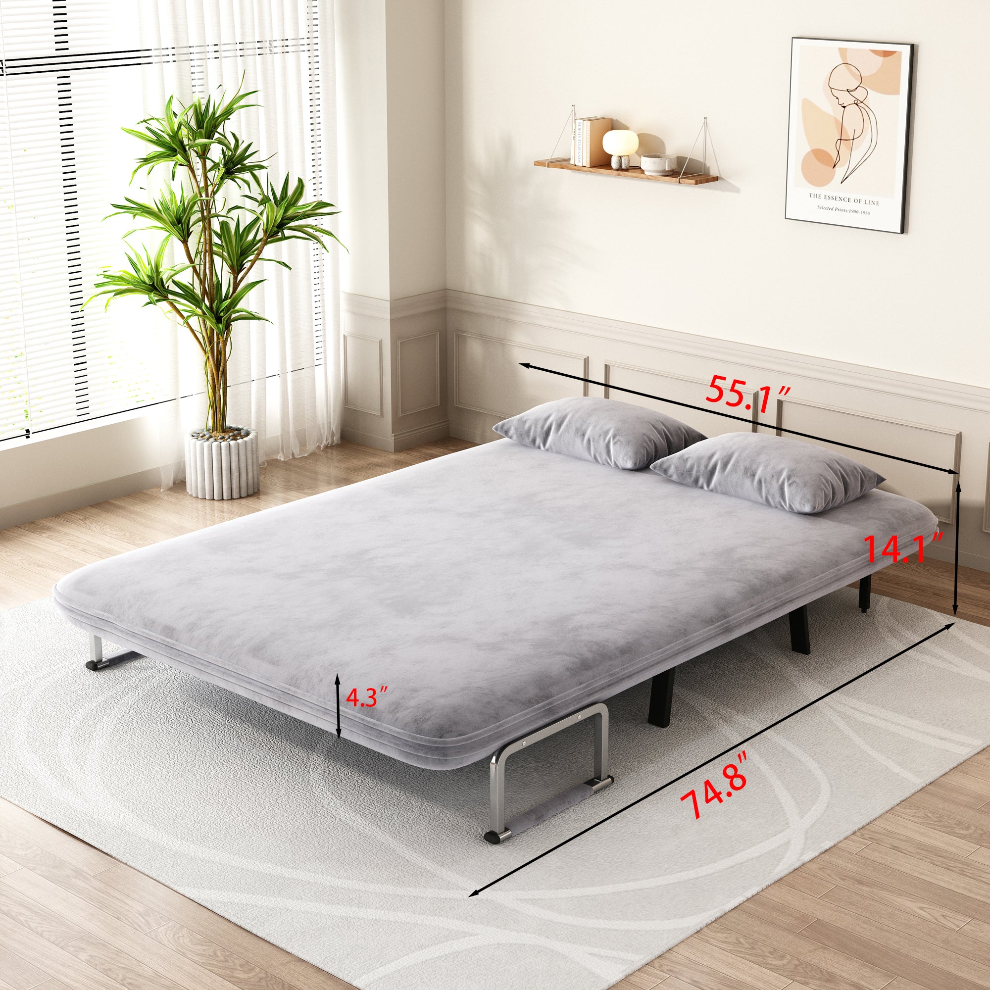 velvet light gray 55″ Convertible Chair Bed, Tri-Fold Sofa Bed with Adjustable Backrest & Pillow, Leisure Chaise Lounge Couch with Sturdy Steel Frame for Home & Office, Comfortable Sleeper Chair