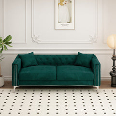 83" Green Velvet 3-Seater Sofa with 2 Comfy Pillows - Perfect Design for Living Room